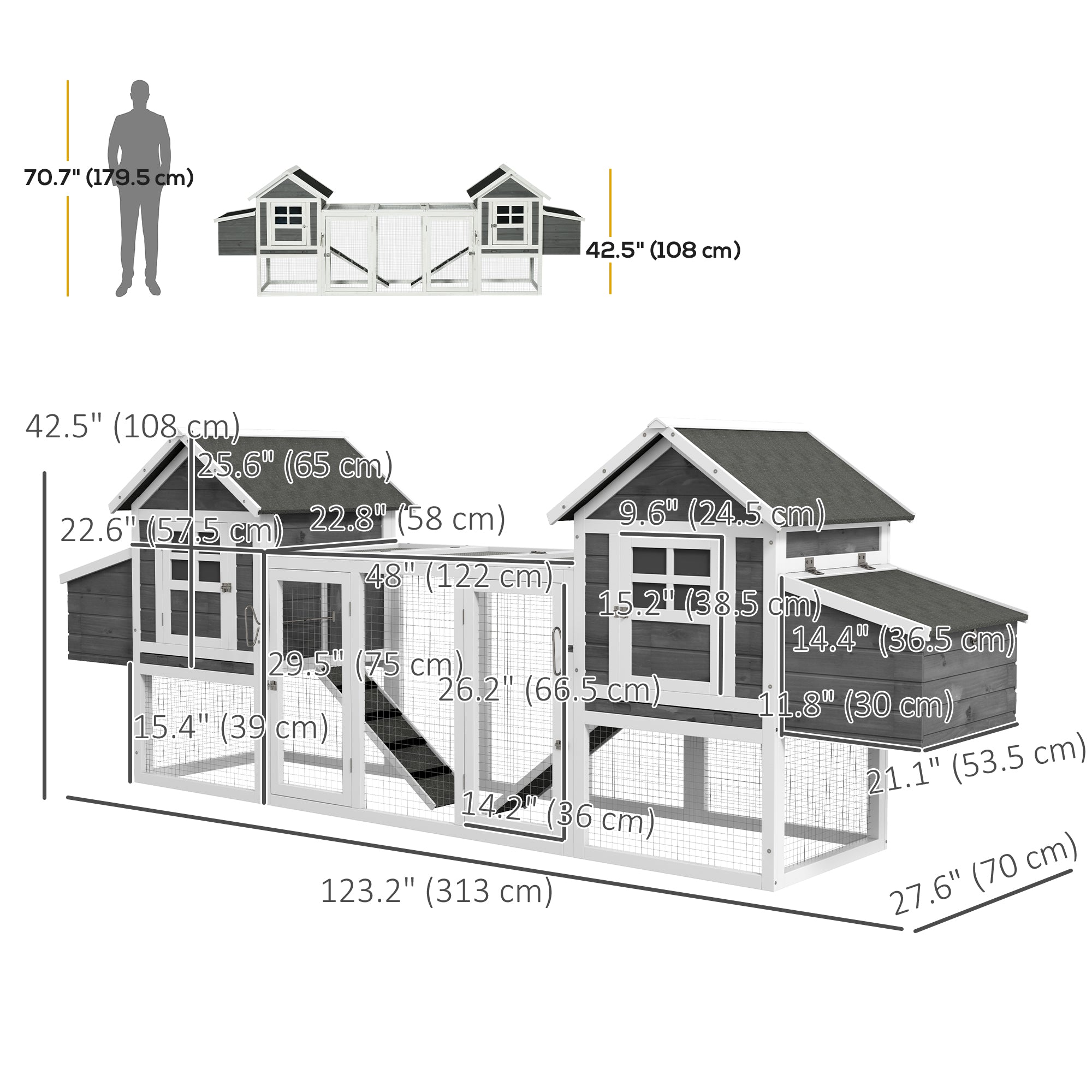 123" Extra Large Chicken Coop Wooden Poultry House Rabbit Hutch Hen Backyard with Run Ramps and Nesting Boxes, Grey