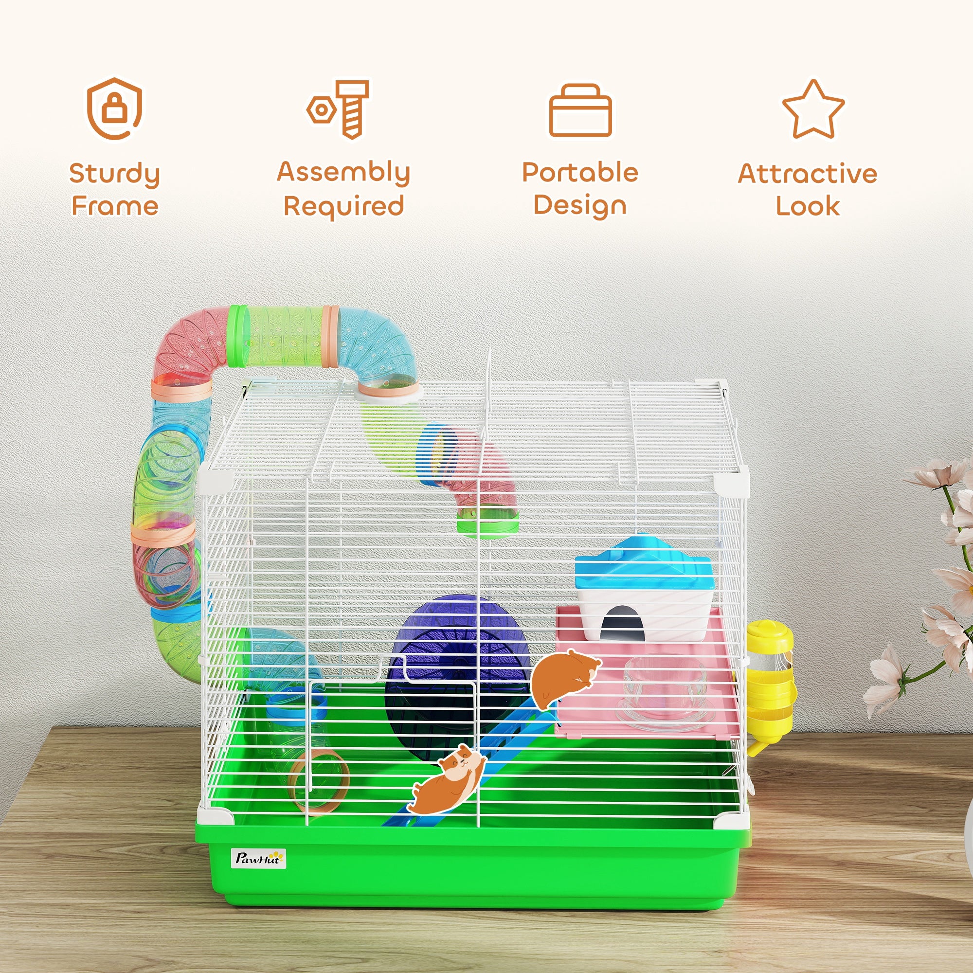 18"L Hamster Cage, Small Animal House, 2-Level Rat Gerbil Haven with Tunnel Tube System, Green
