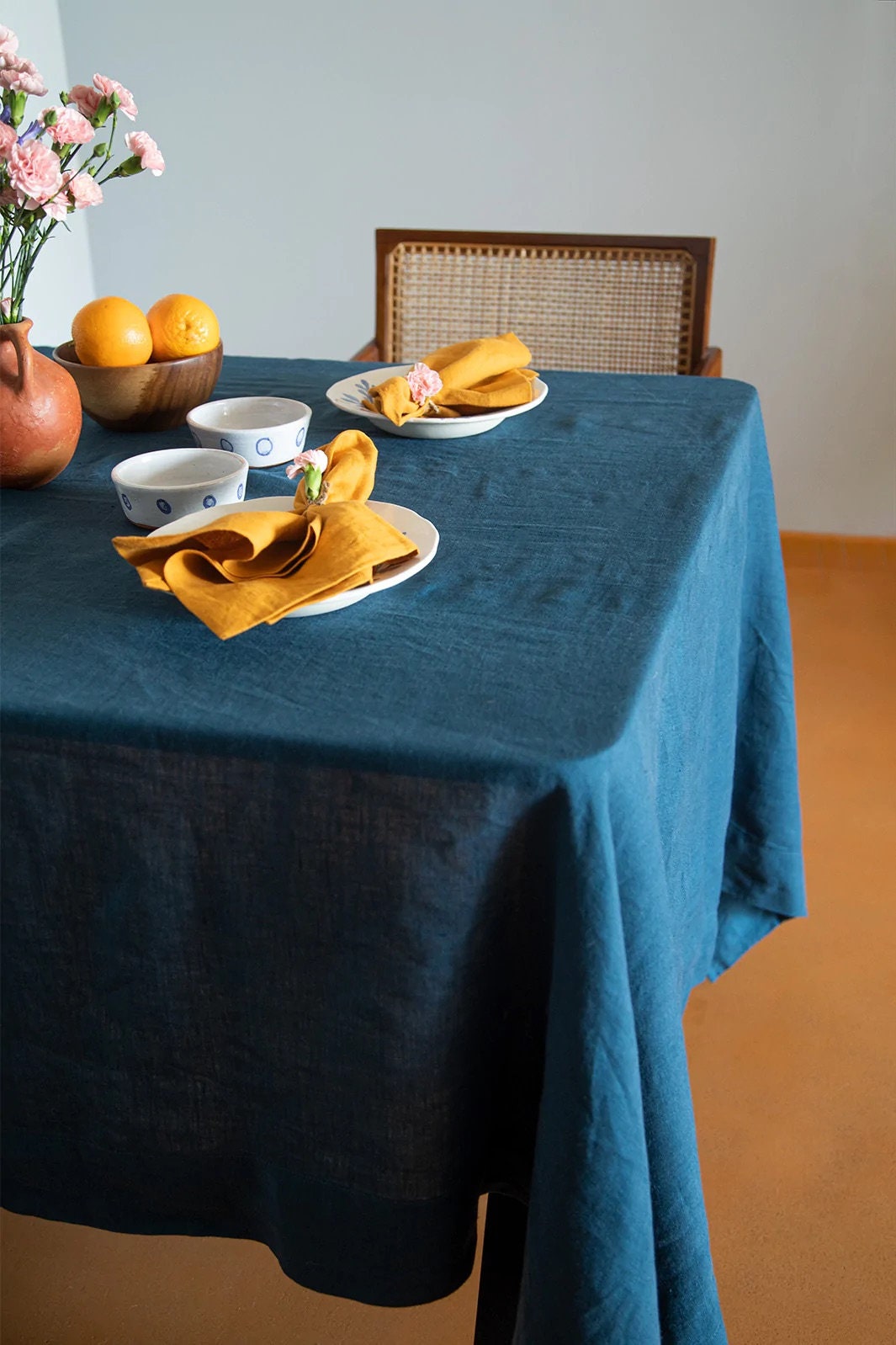 Peacock Blue Handmade Linen Tablecloth - Custom Sizes-n/a-DECOROLALA