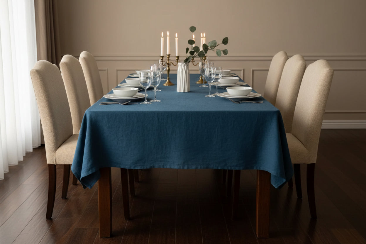 Peacock Blue Handmade Linen Tablecloth - Custom Sizes-n/a-DECOROLALA
