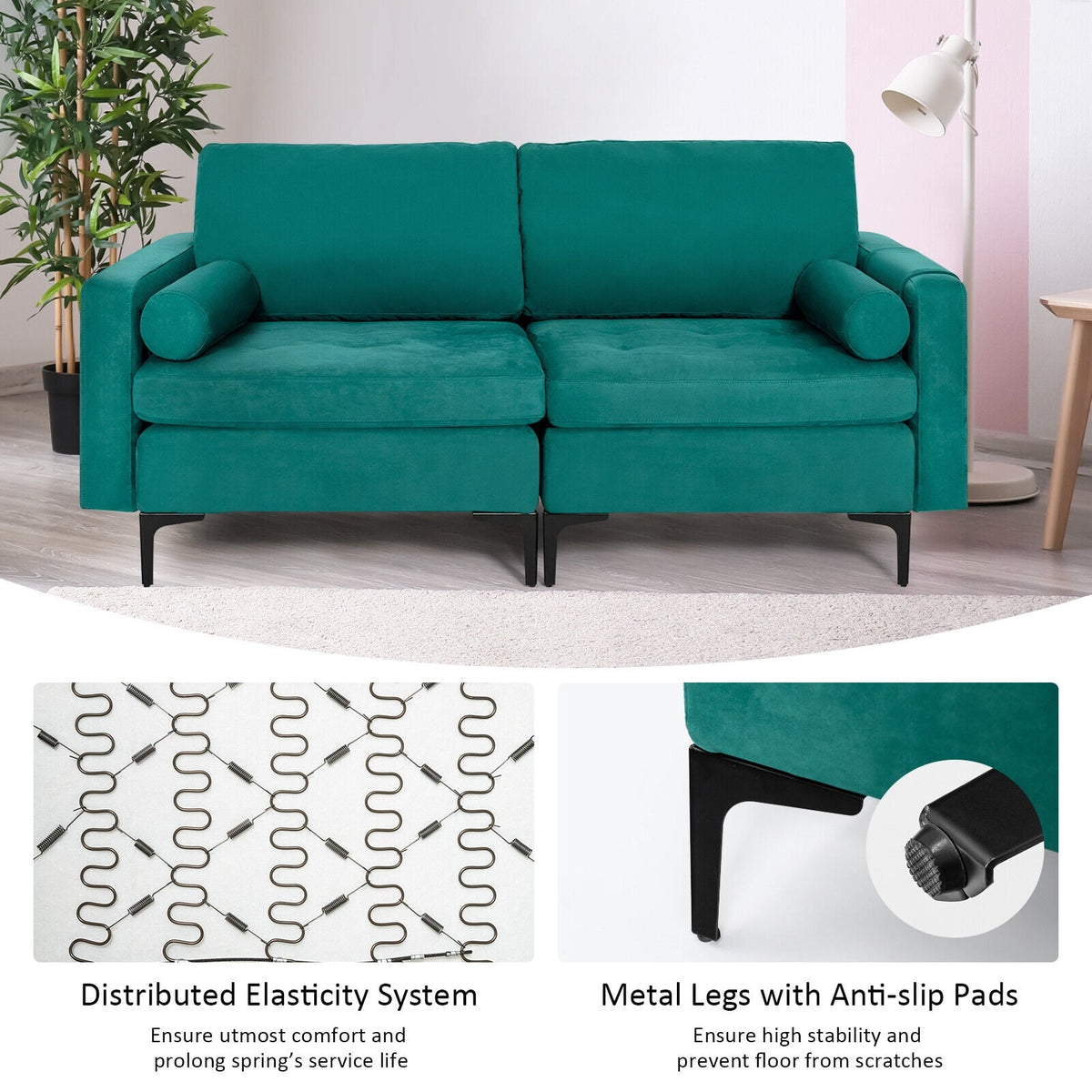 Peacock Blue Suede 2-Seat Modular Loveseat Sofa with USB Port-Sofas & Loveseats-DECOROLALA