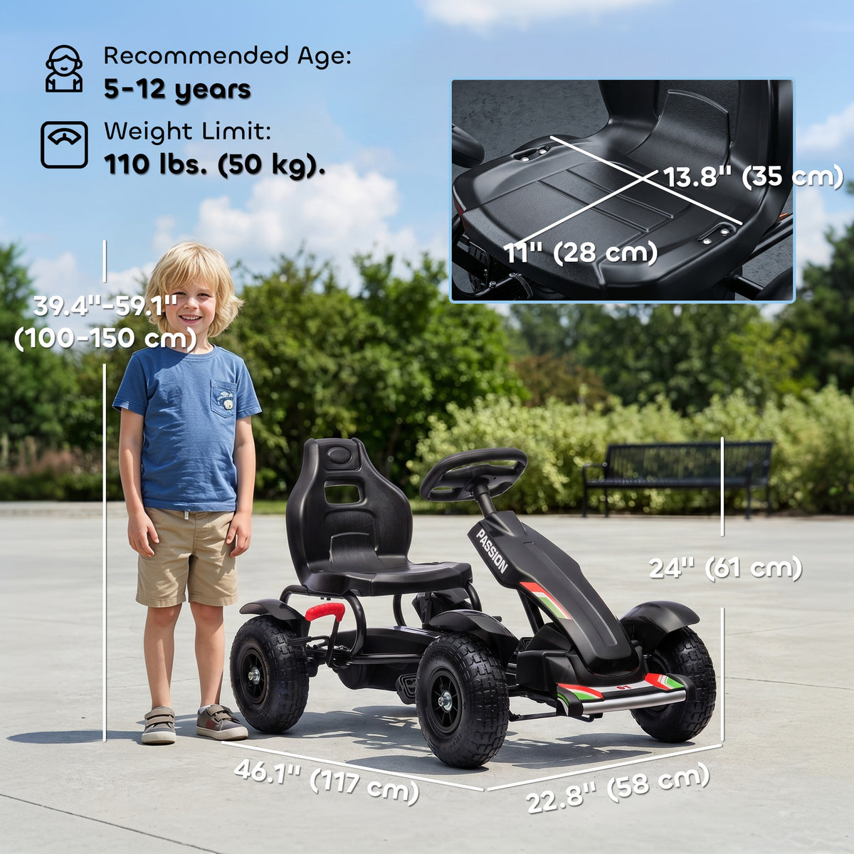 Pedal Go Kart for Kids, Pedal Car with Adjustable Bucket, Handbrake, 4 Rubber Wheels Powered Ride-Toys & Games > Baby & Toddler Toys > Riding & Rocking Toys > Pedal Go Karts for Kids-DECOROLALA
