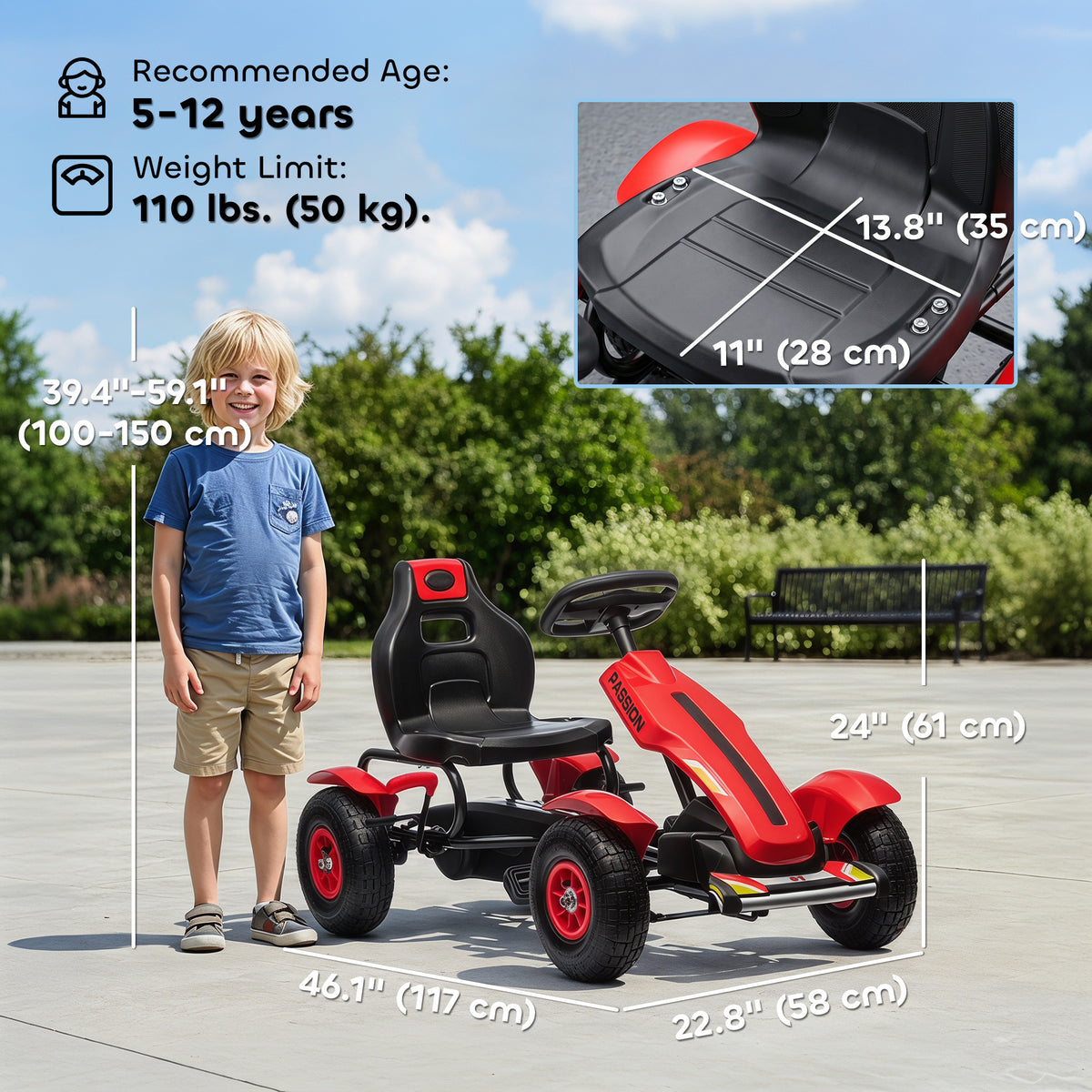Pedal Go Kart for Kids, Pedal Car with Adjustable Bucket, Handbrake, 4 Rubber Wheels Powered Ride-Toys & Games > Baby & Toddler Toys > Riding & Rocking Toys > Pedal Go Karts for Kids-DECOROLALA