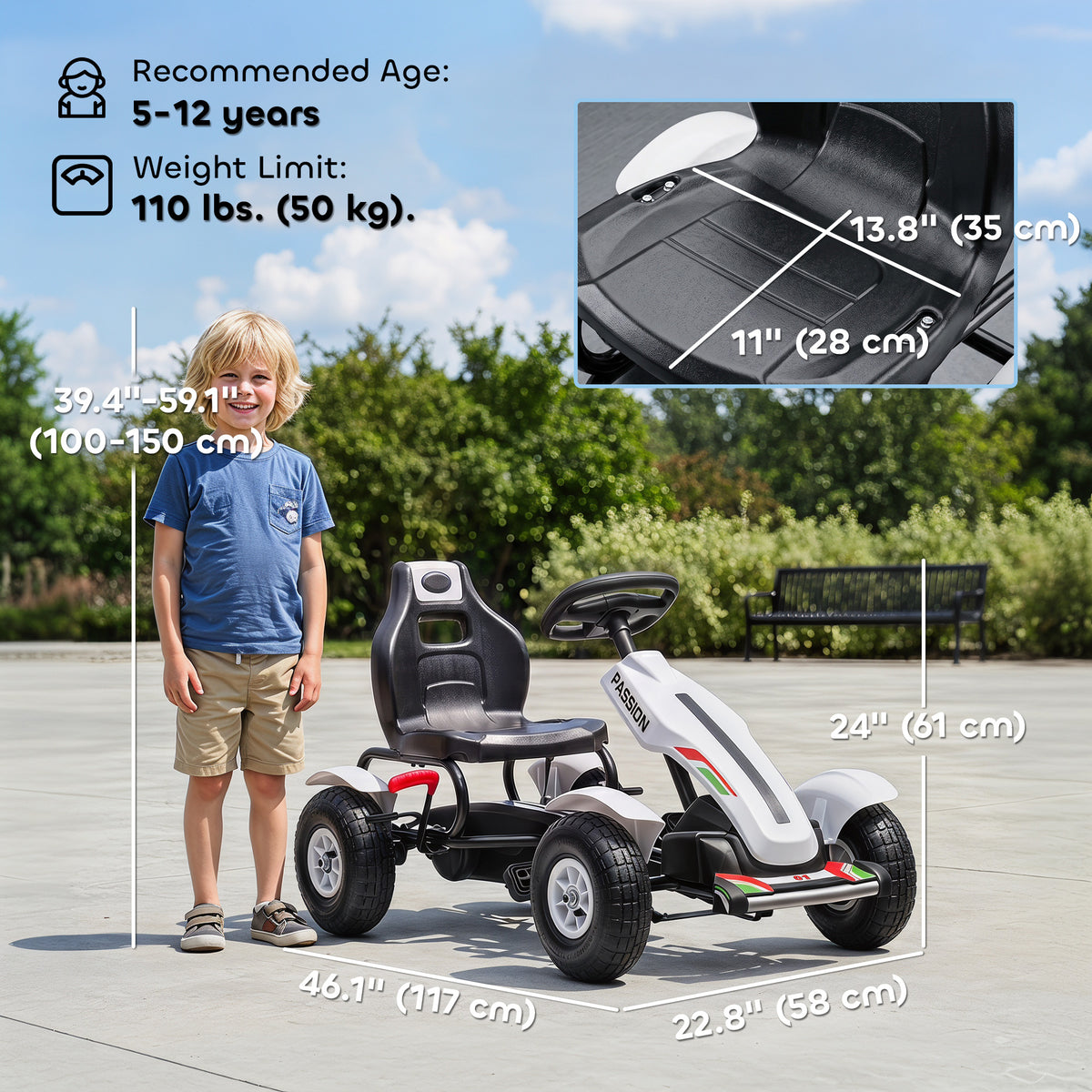 Pedal Go Kart for Kids, Pedal Car with Adjustable Bucket, Handbrake, 4 Rubber Wheels Powered Ride-Toys & Games > Baby & Toddler Toys > Riding & Rocking Toys > Pedal Go Karts for Kids-DECOROLALA