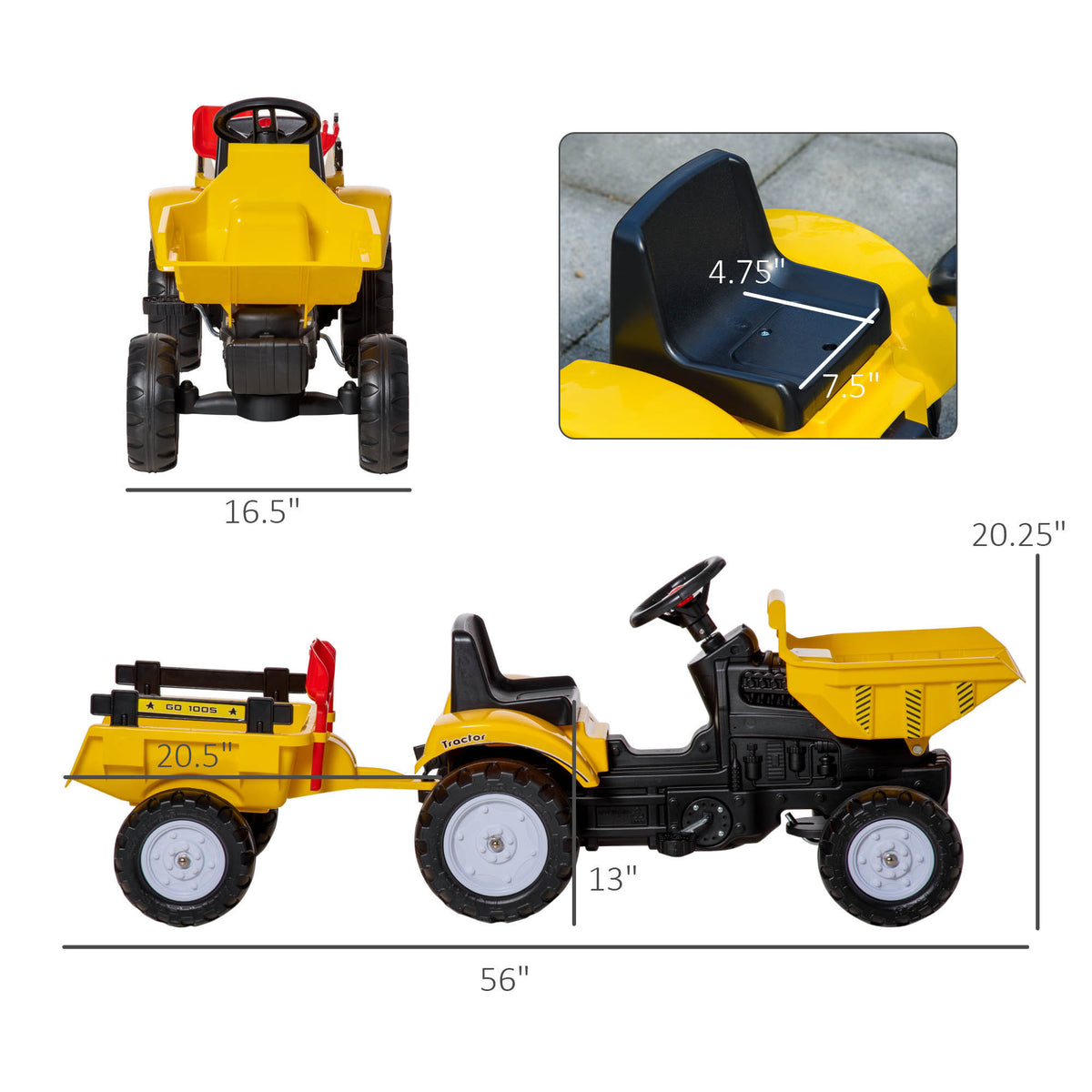 Ride on Toy Dump Truck for Kids, Pedal Construction Car with Detachable Trailer for 3 Years Old, Yellow-Toys & Games > Baby & Toddler Toys > Riding & Rocking Toys > Toy Excavators-DECOROLALA