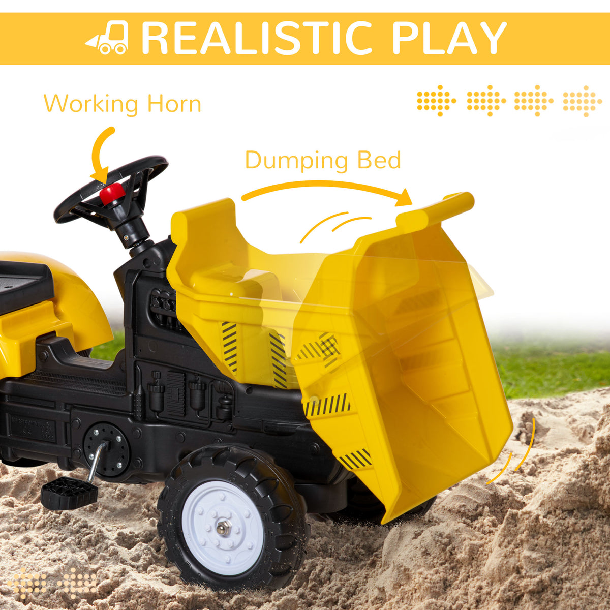 Ride on Toy Dump Truck for Kids, Pedal Construction Car with Detachable Trailer for 3 Years Old, Yellow-Toys & Games > Baby & Toddler Toys > Riding & Rocking Toys > Toy Excavators-DECOROLALA