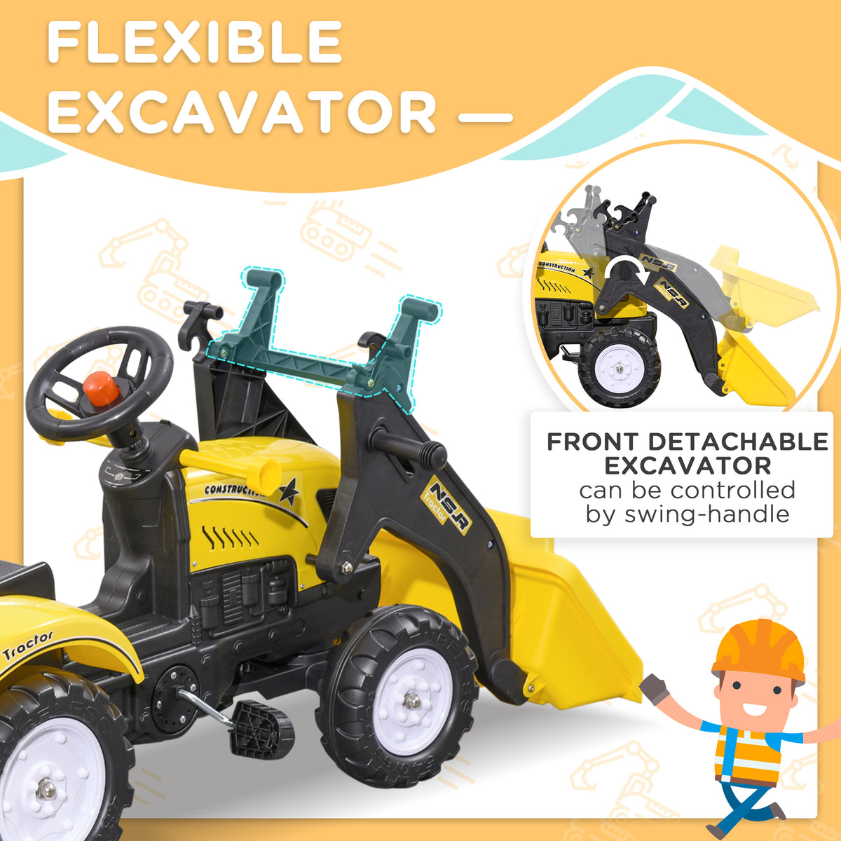 Front Loader Excavator Ride On Toy Pedal Control with 6 Wheels Controllable Bucket for 3 Years Old, Yellow-Toys & Games > Baby & Toddler Toys > Riding & Rocking Toys > Toy Excavators-DECOROLALA