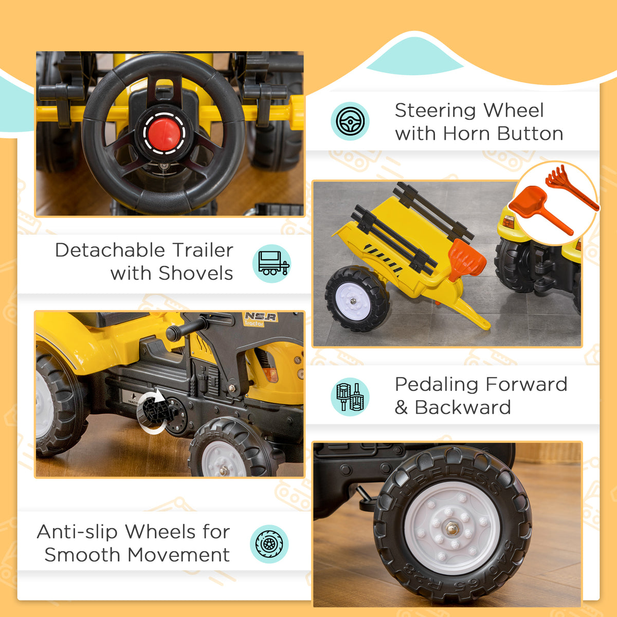 Front Loader Excavator Ride On Toy Pedal Control with 6 Wheels Controllable Bucket for 3 Years Old, Yellow-Toys & Games > Baby & Toddler Toys > Riding & Rocking Toys > Toy Excavators-DECOROLALA