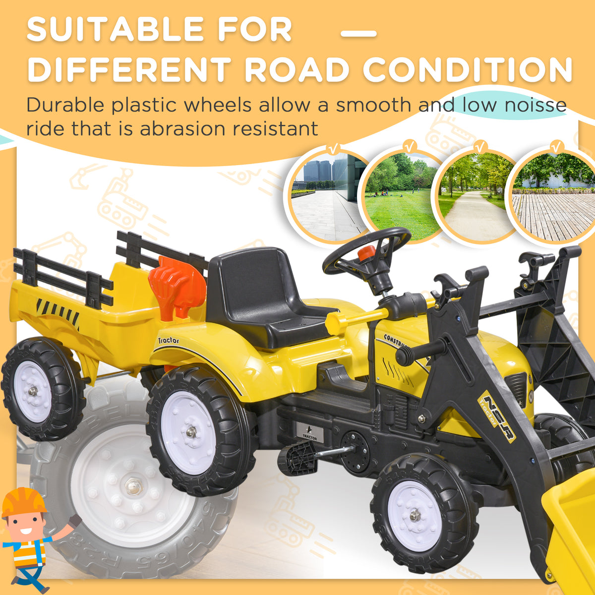 Front Loader Excavator Ride On Toy Pedal Control with 6 Wheels Controllable Bucket for 3 Years Old, Yellow-Toys & Games > Baby & Toddler Toys > Riding & Rocking Toys > Toy Excavators-DECOROLALA