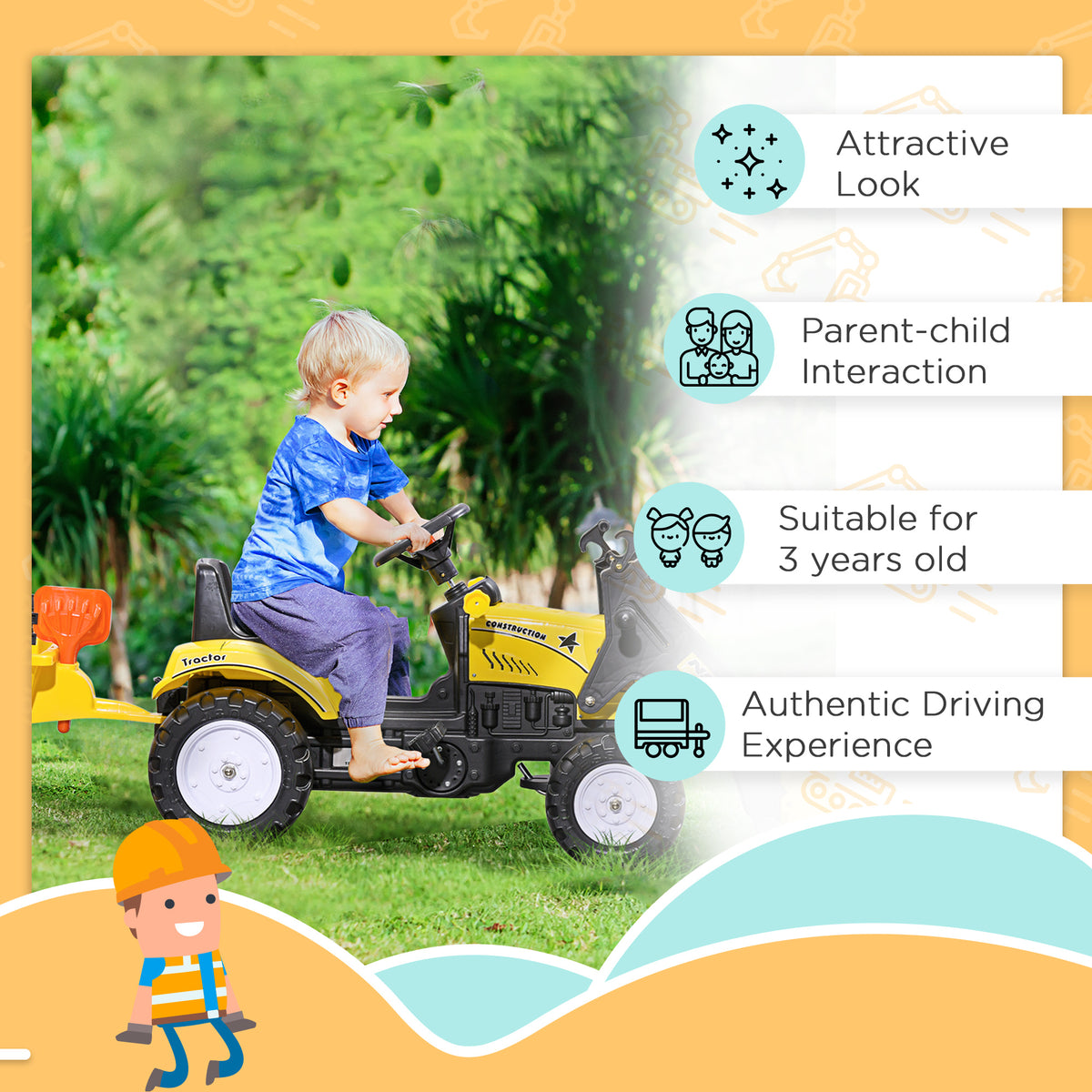 Front Loader Excavator Ride On Toy Pedal Control with 6 Wheels Controllable Bucket for 3 Years Old, Yellow-Toys & Games > Baby & Toddler Toys > Riding & Rocking Toys > Toy Excavators-DECOROLALA