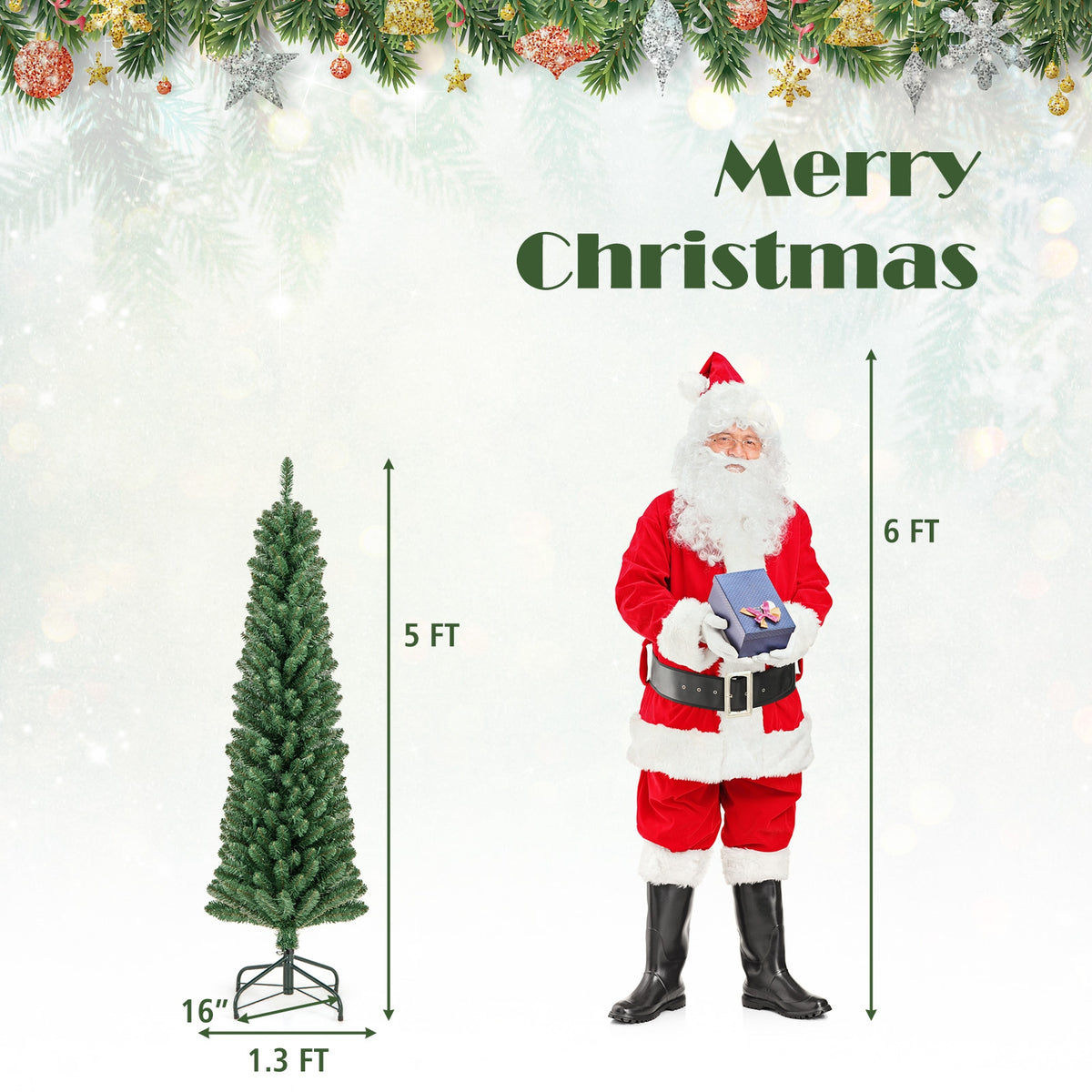 Pencil Christmas Tree with Memory Wire Branch Tips and Warm LED Lights-5FT-Christmas Trees-DECOROLALA