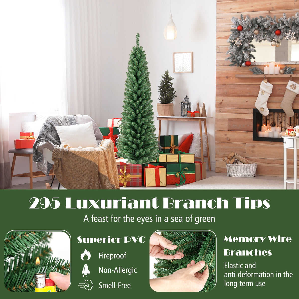Pencil Christmas Tree with Memory Wire Branch Tips and Warm LED Lights-5FT-Christmas Trees-DECOROLALA