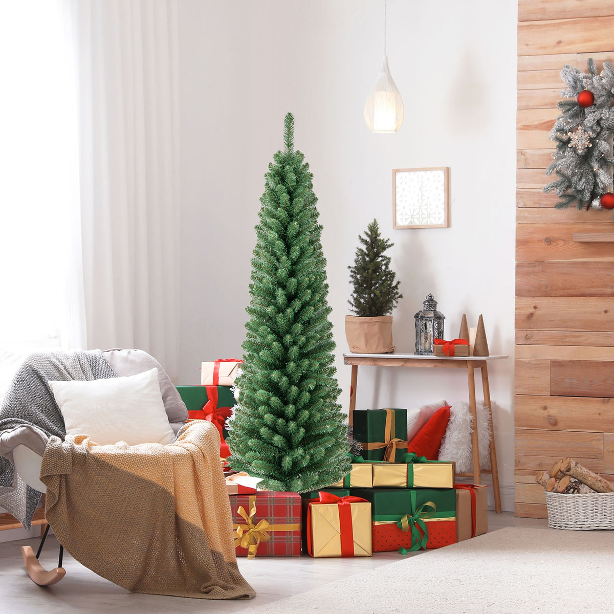 Pencil Christmas Tree with Memory Wire Branch Tips and Warm LED Lights-5FT-Christmas Trees-DECOROLALA