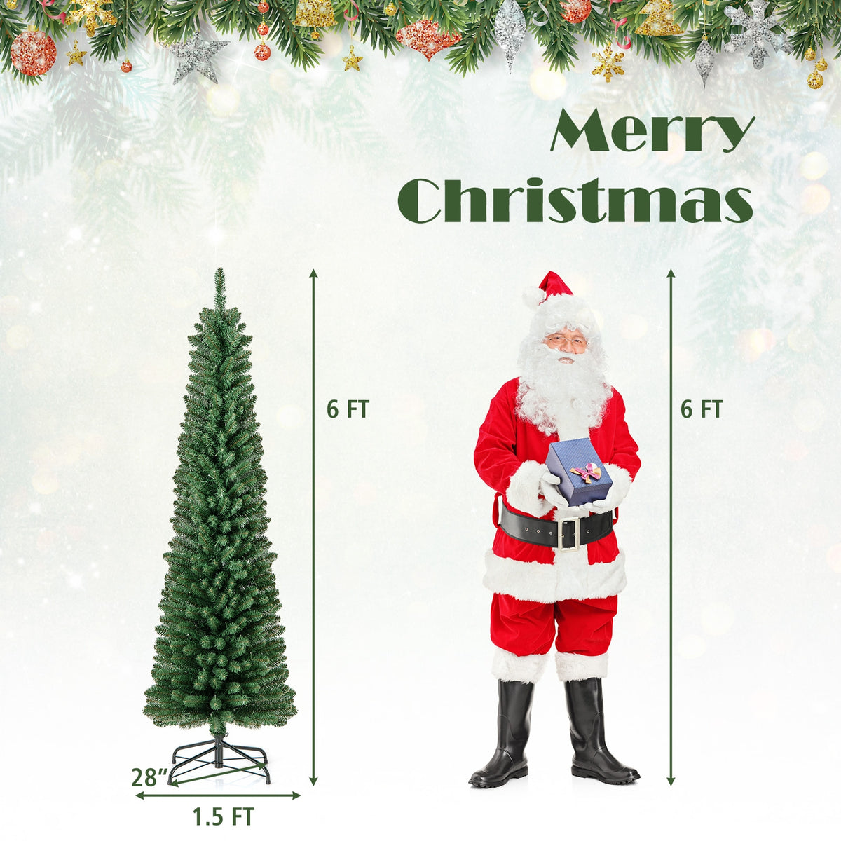 Pencil Christmas Tree with Memory Wire Branch Tips and Warm LED Lights-6FT-Christmas Trees-DECOROLALA