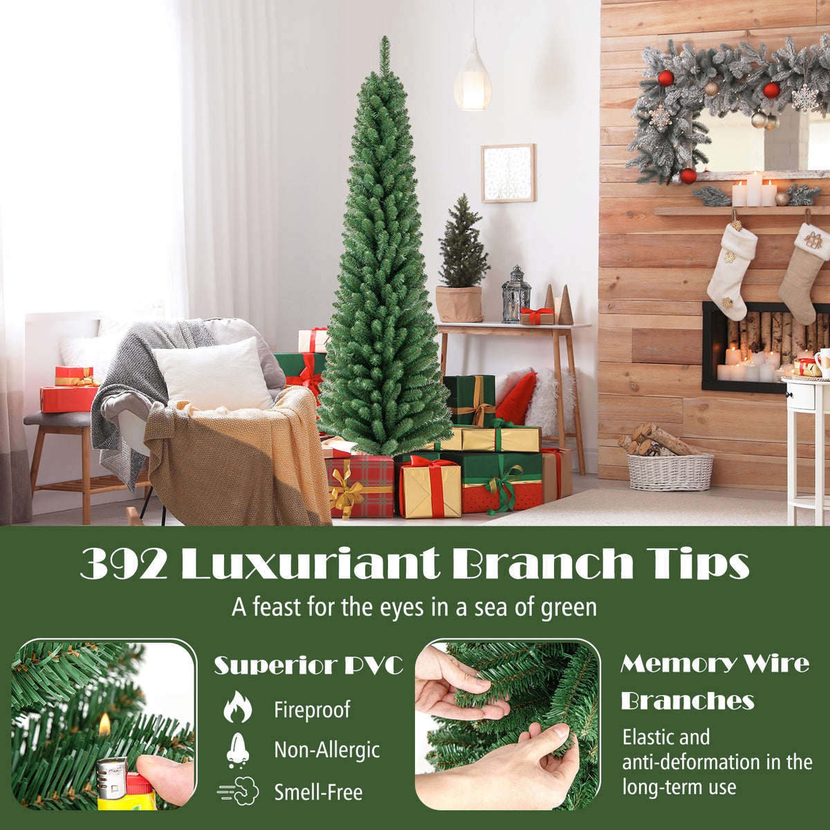 Pencil Christmas Tree with Memory Wire Branch Tips and Warm LED Lights-6FT-Christmas Trees-DECOROLALA