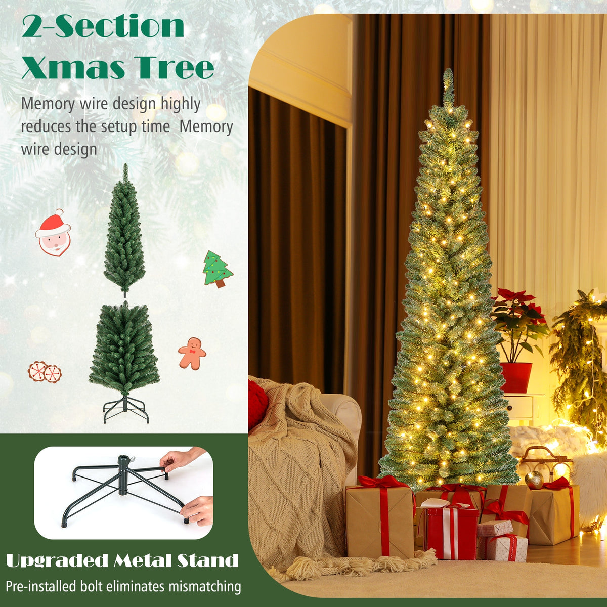 Pencil Christmas Tree with Memory Wire Branch Tips and Warm LED Lights-6FT-Christmas Trees-DECOROLALA