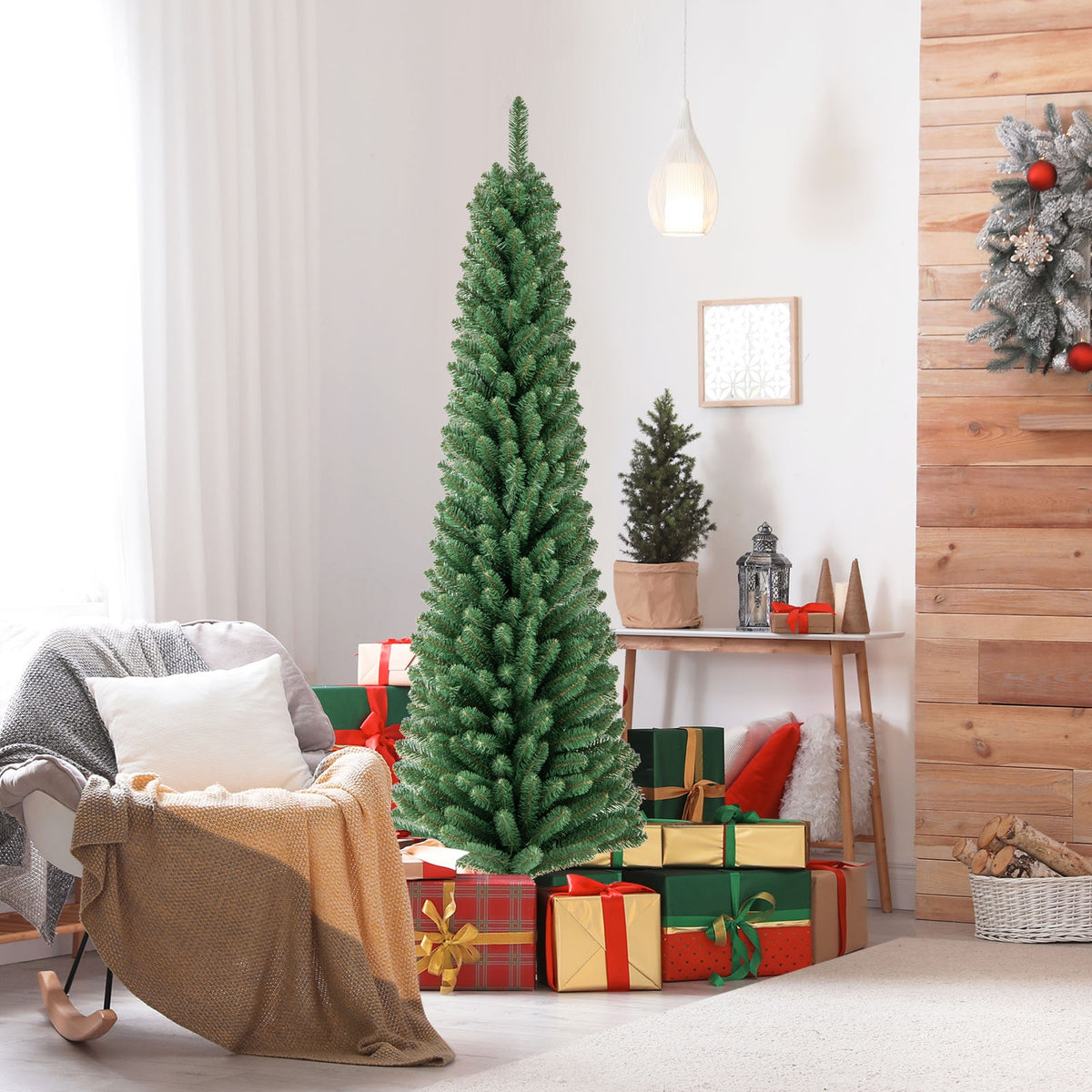 Pencil Christmas Tree with Memory Wire Branch Tips and Warm LED Lights-6FT-Christmas Trees-DECOROLALA