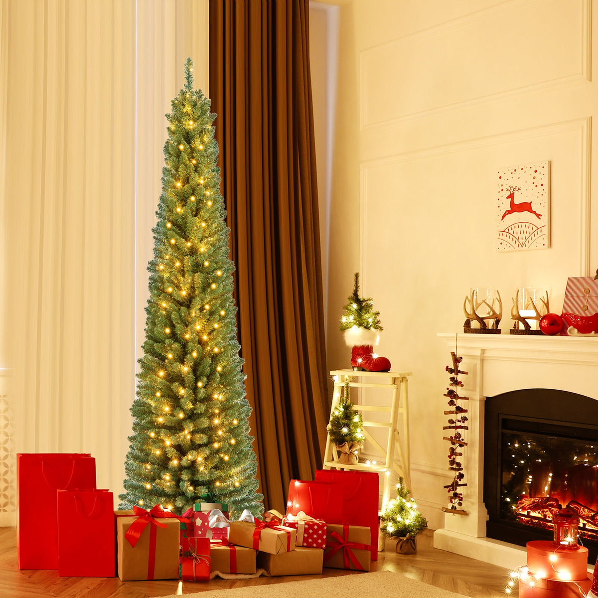 Pencil Christmas Tree with Memory Wire Branch Tips and Warm LED Lights-7FT-Christmas Trees-DECOROLALA