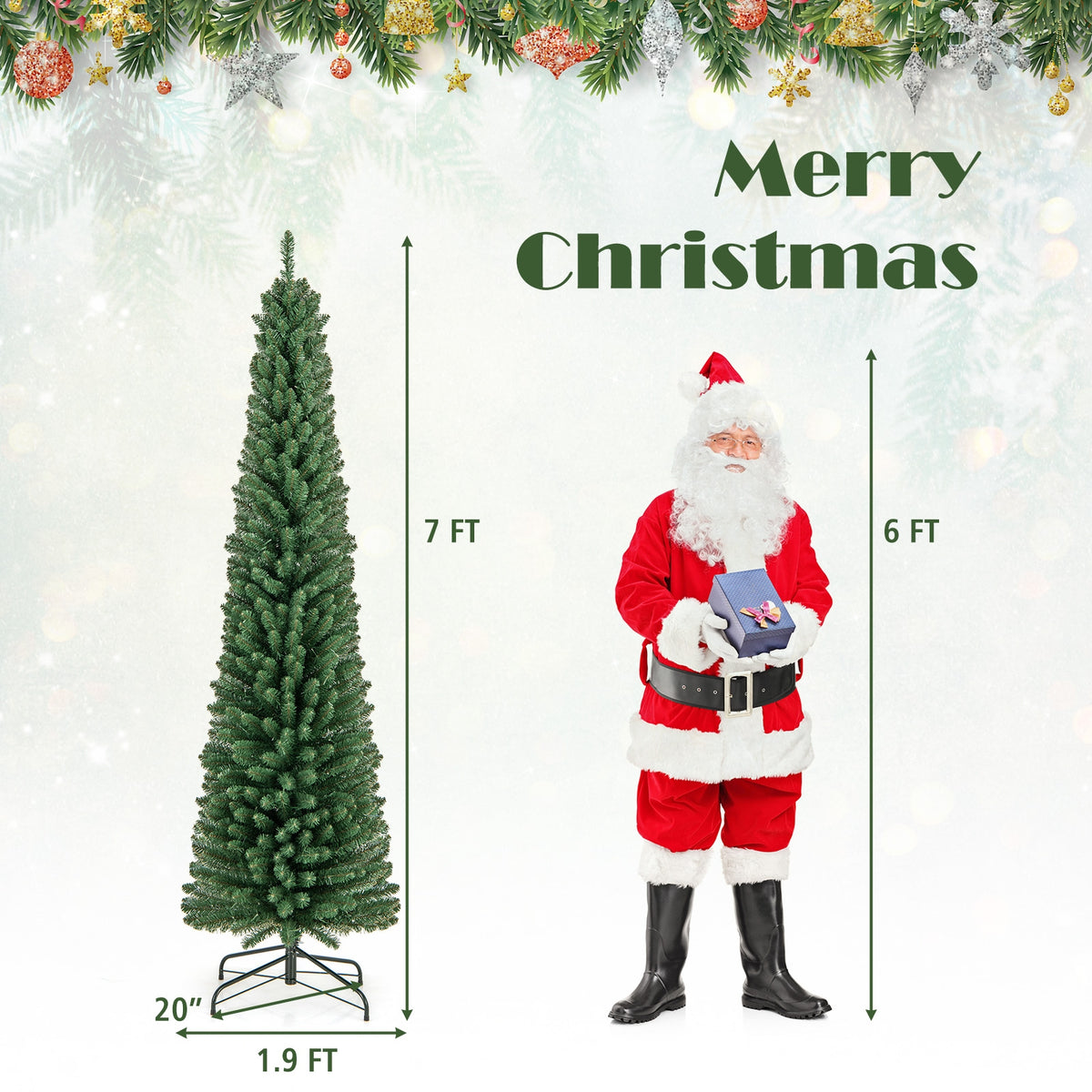 Pencil Christmas Tree with Memory Wire Branch Tips and Warm LED Lights-7FT-Christmas Trees-DECOROLALA