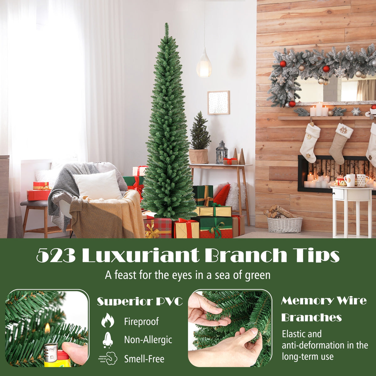 Pencil Christmas Tree with Memory Wire Branch Tips and Warm LED Lights-7FT-Christmas Trees-DECOROLALA