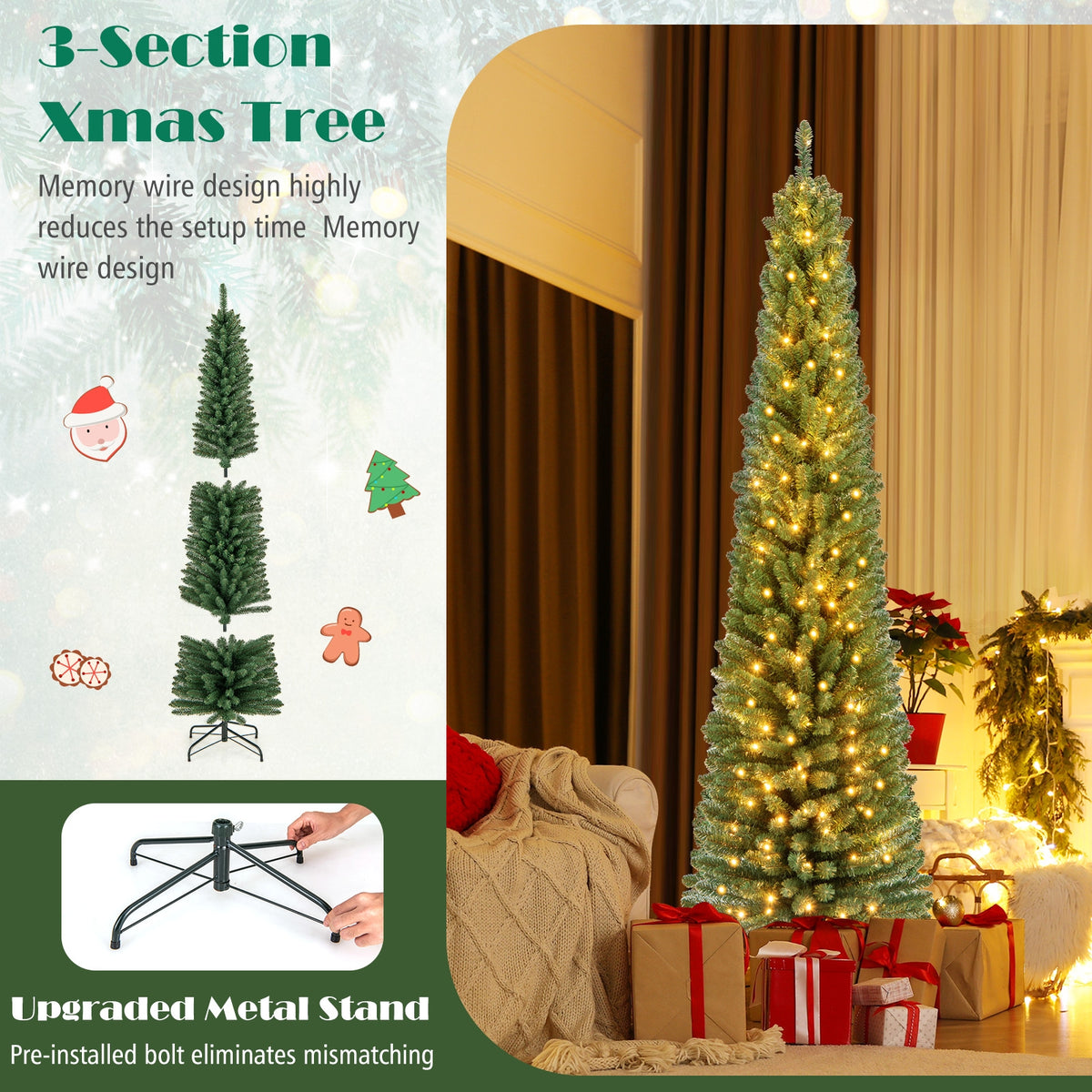 Pencil Christmas Tree with Memory Wire Branch Tips and Warm LED Lights-7FT-Christmas Trees-DECOROLALA