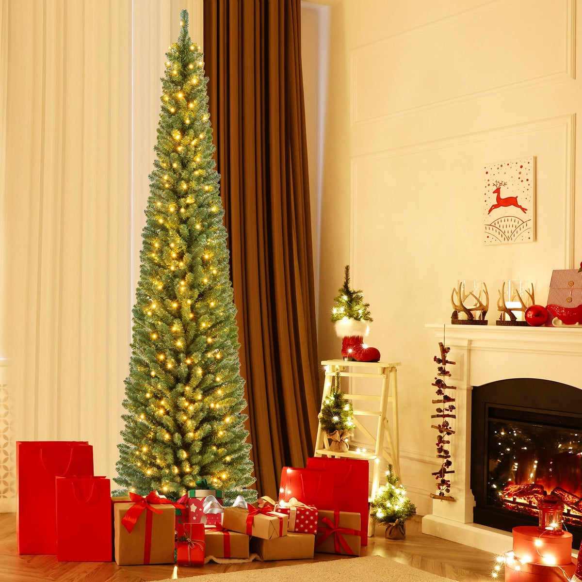Pencil Christmas Tree with Memory Wire Branch Tips and Warm LED Lights-8FT-Christmas Trees-DECOROLALA