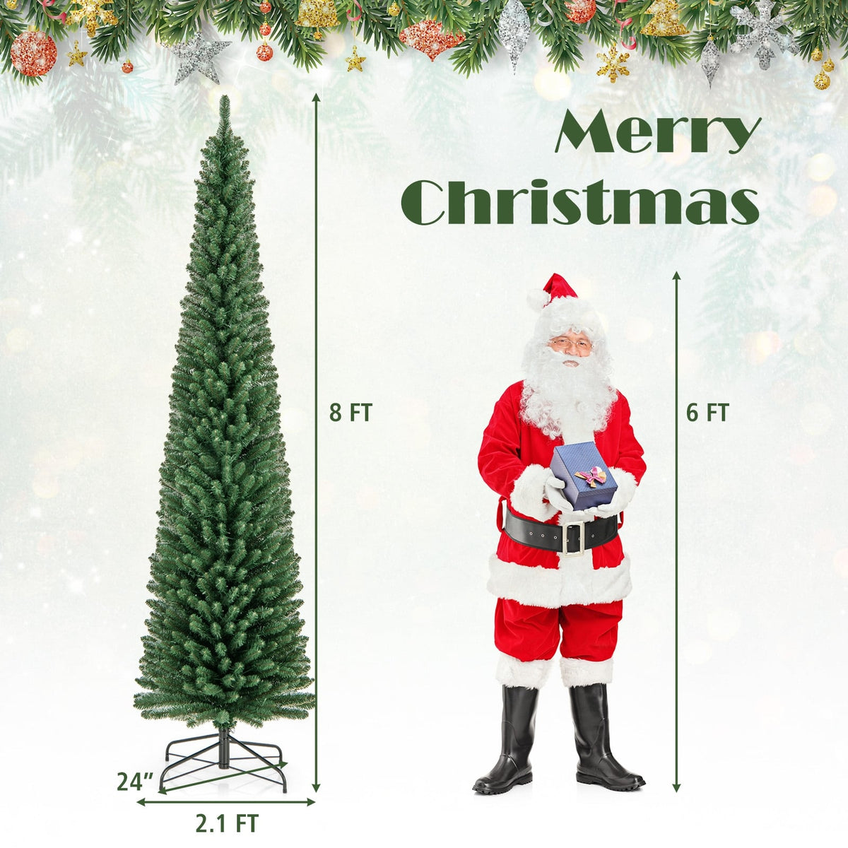 Pencil Christmas Tree with Memory Wire Branch Tips and Warm LED Lights-8FT-Christmas Trees-DECOROLALA