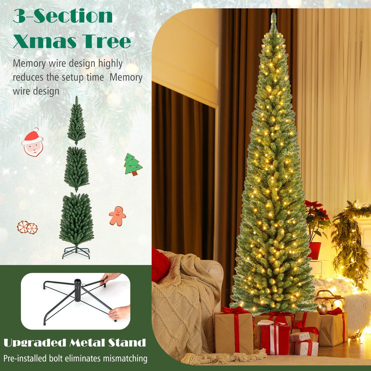 Pencil Christmas Tree with Memory Wire Branch Tips and Warm LED Lights-8FT-Christmas Trees-DECOROLALA