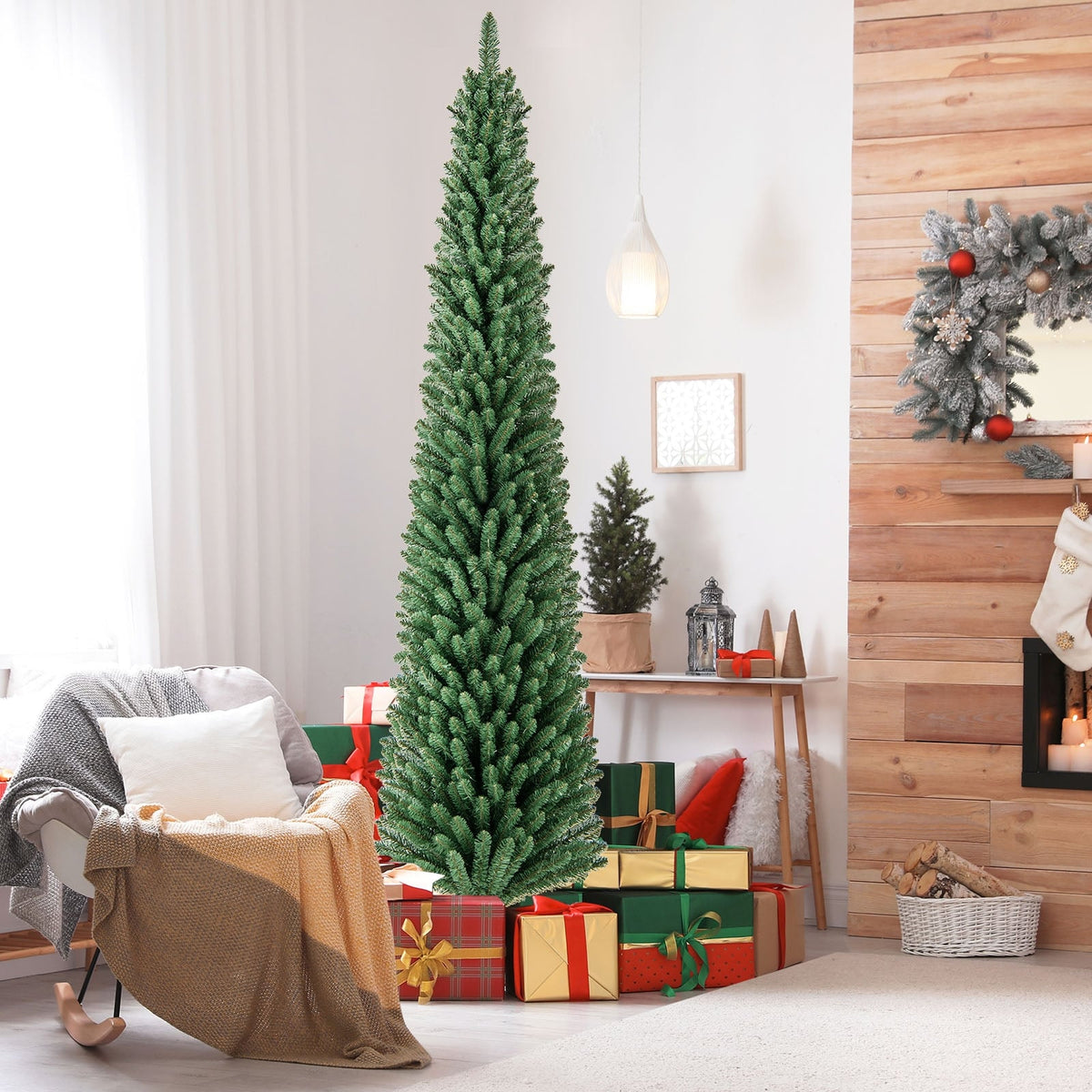 Pencil Christmas Tree with Memory Wire Branch Tips and Warm LED Lights-8FT-Christmas Trees-DECOROLALA