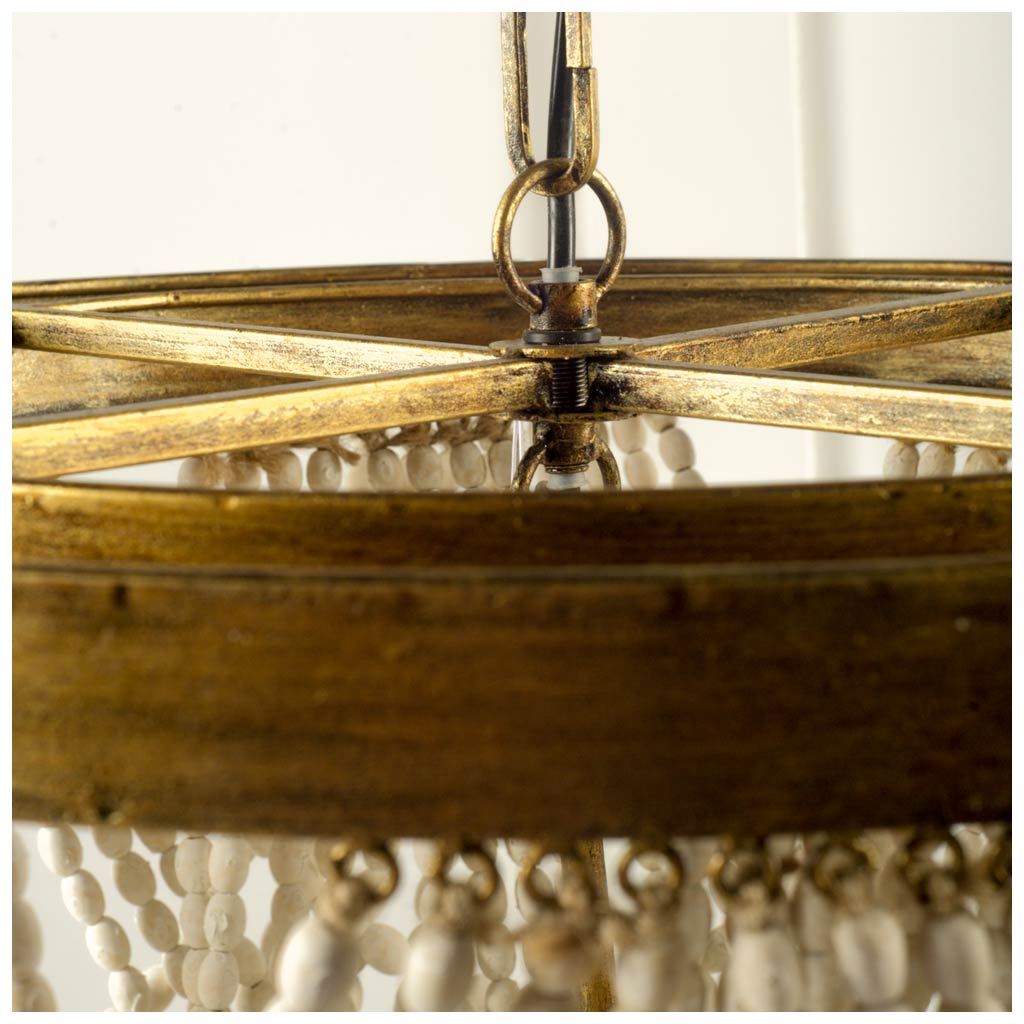Pendra (26"x23") Gold Metal Whitewashed Wooden Bead Three Bulb Chandelier-Chandeliers-DECOROLALA