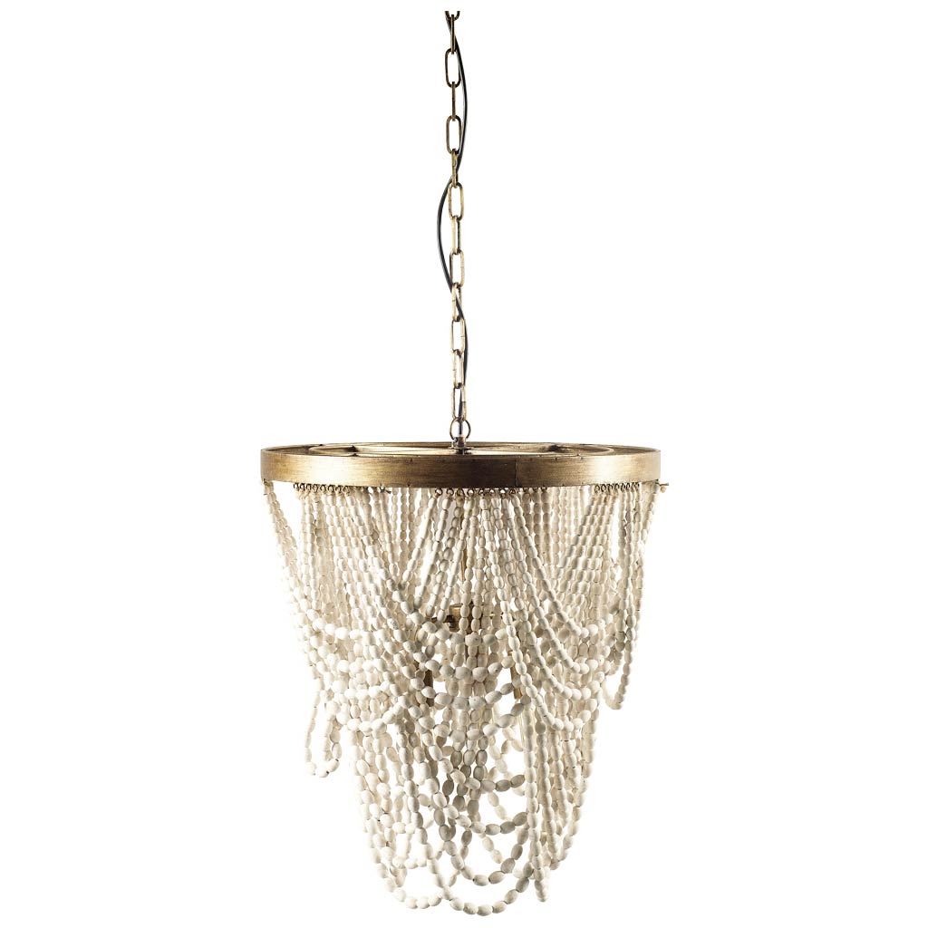 Pendra (26"x23") Gold Metal Whitewashed Wooden Bead Three Bulb Chandelier-Chandeliers-DECOROLALA
