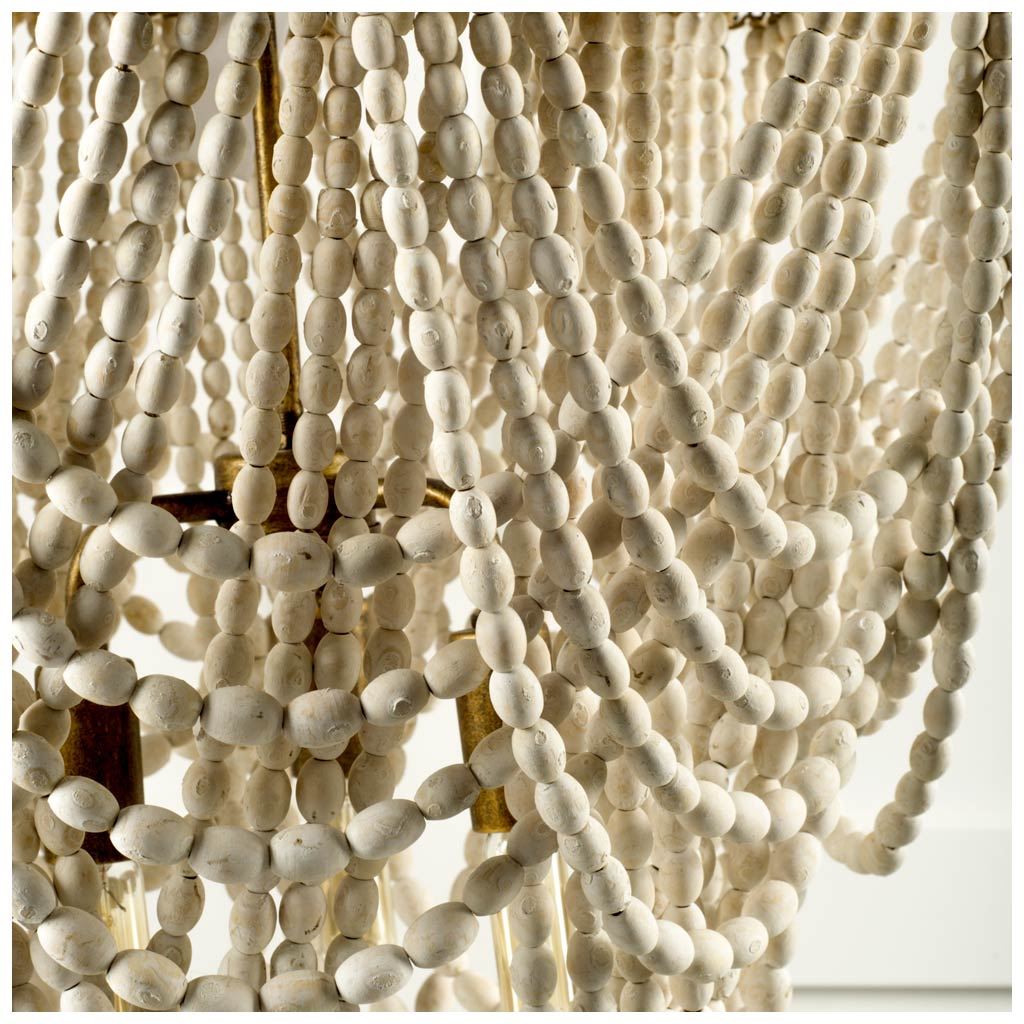Pendra Gold Metal & Whitewashed Wood Bead Chandelier-Chandeliers-DECOROLALA