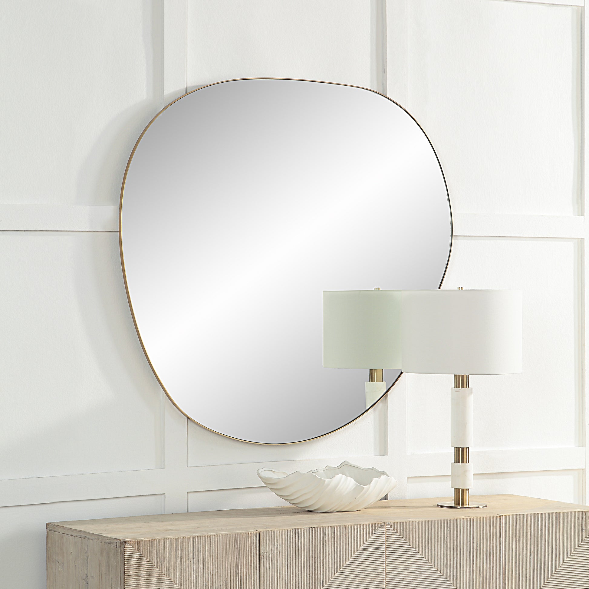 Peony 45" Tall Irregular Round Mirror, Burnished Brass-Mirror-DECOROLALA