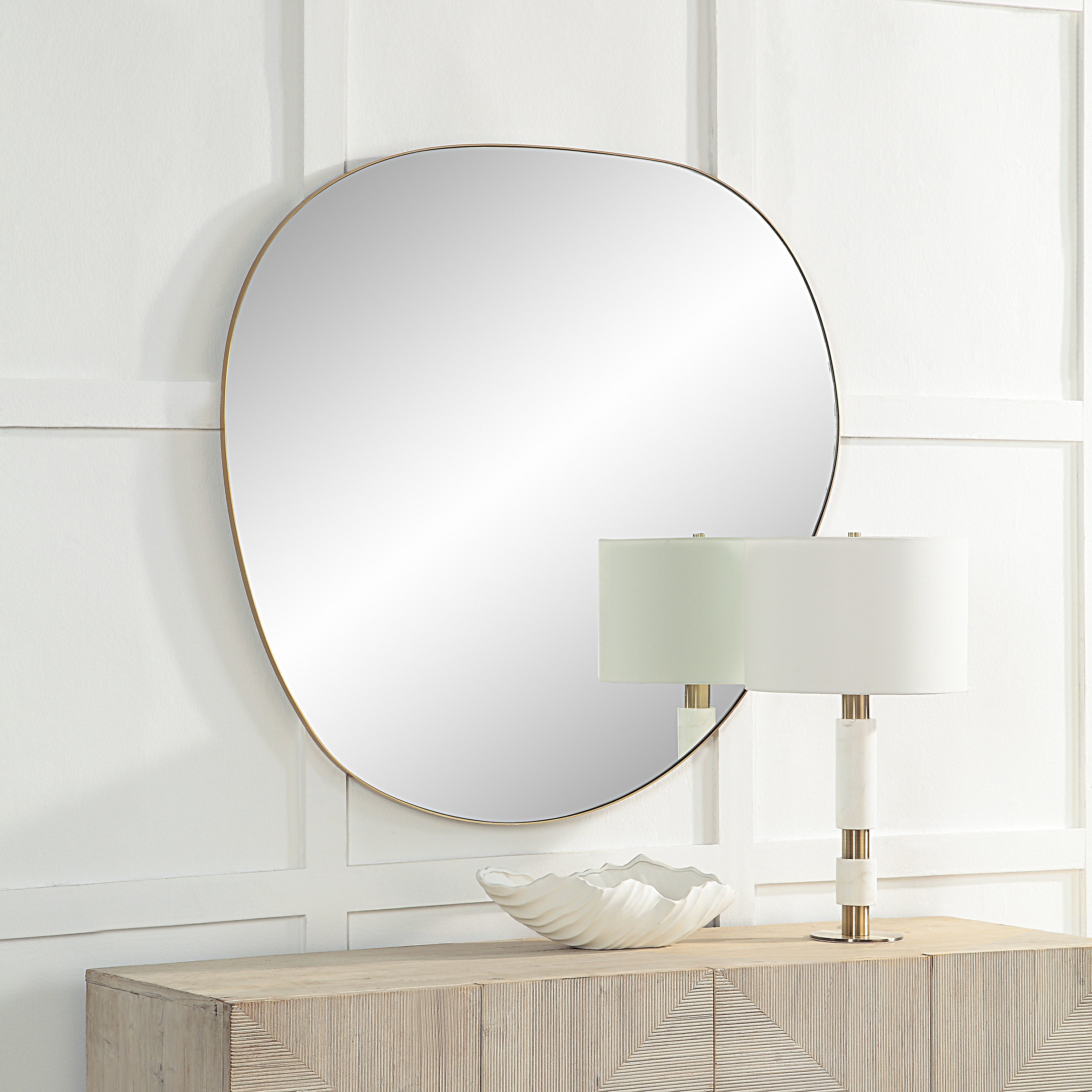Peony 45" Tall Irregular Round Mirror, Burnished Brass-Mirror-DECOROLALA