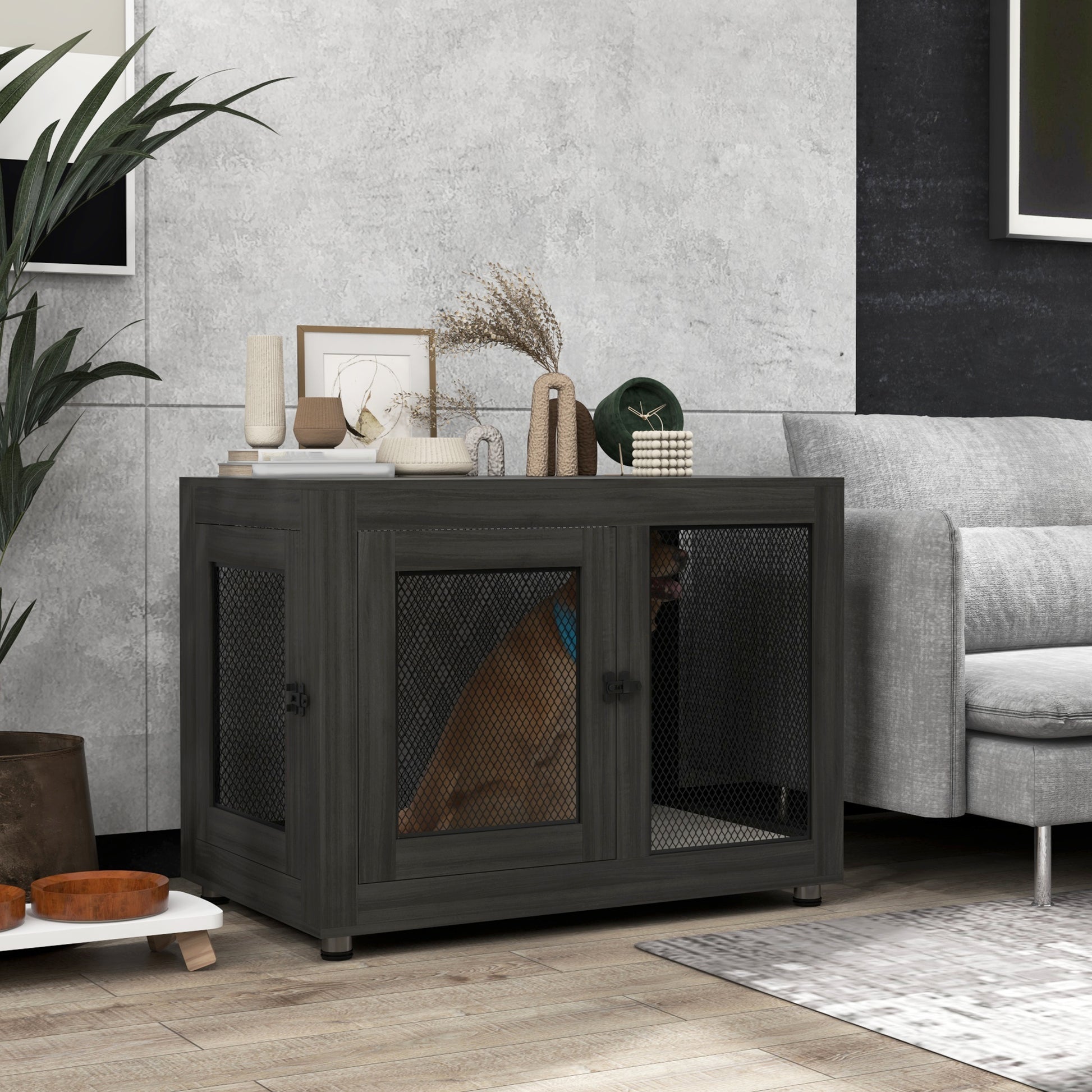 Pet Crate End Table - Black Dog Furniture with Cushion-DECOROLALA