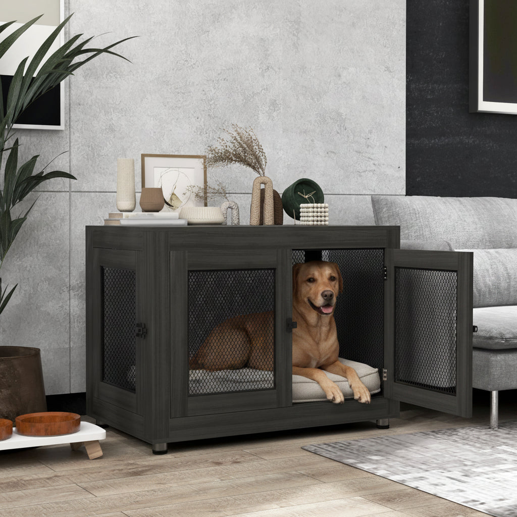 Pet Crate End Table with Water-Resistant Cushion - Black-Dogs-DECOROLALA
