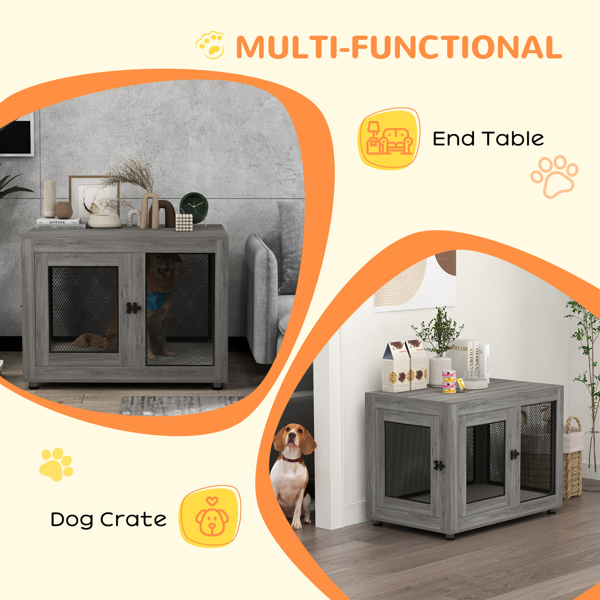 Pet Crate End Table with Water-resistant Cushion - Grey-Dogs-DECOROLALA