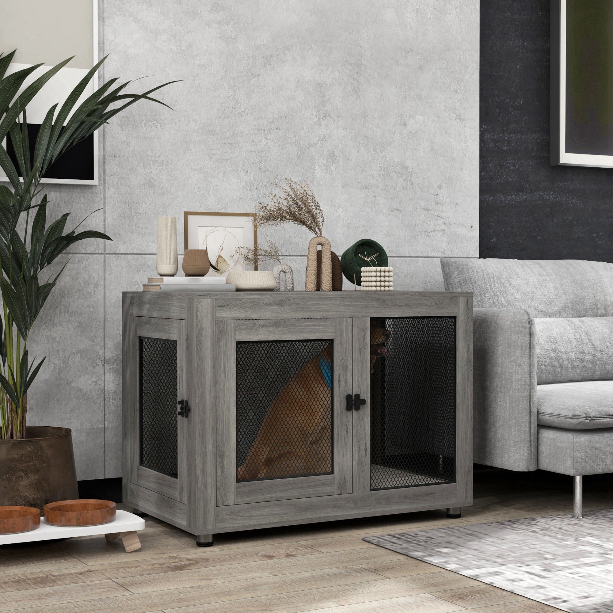 Pet Crate End Table with Water-resistant Cushion - Grey-Dogs-DECOROLALA