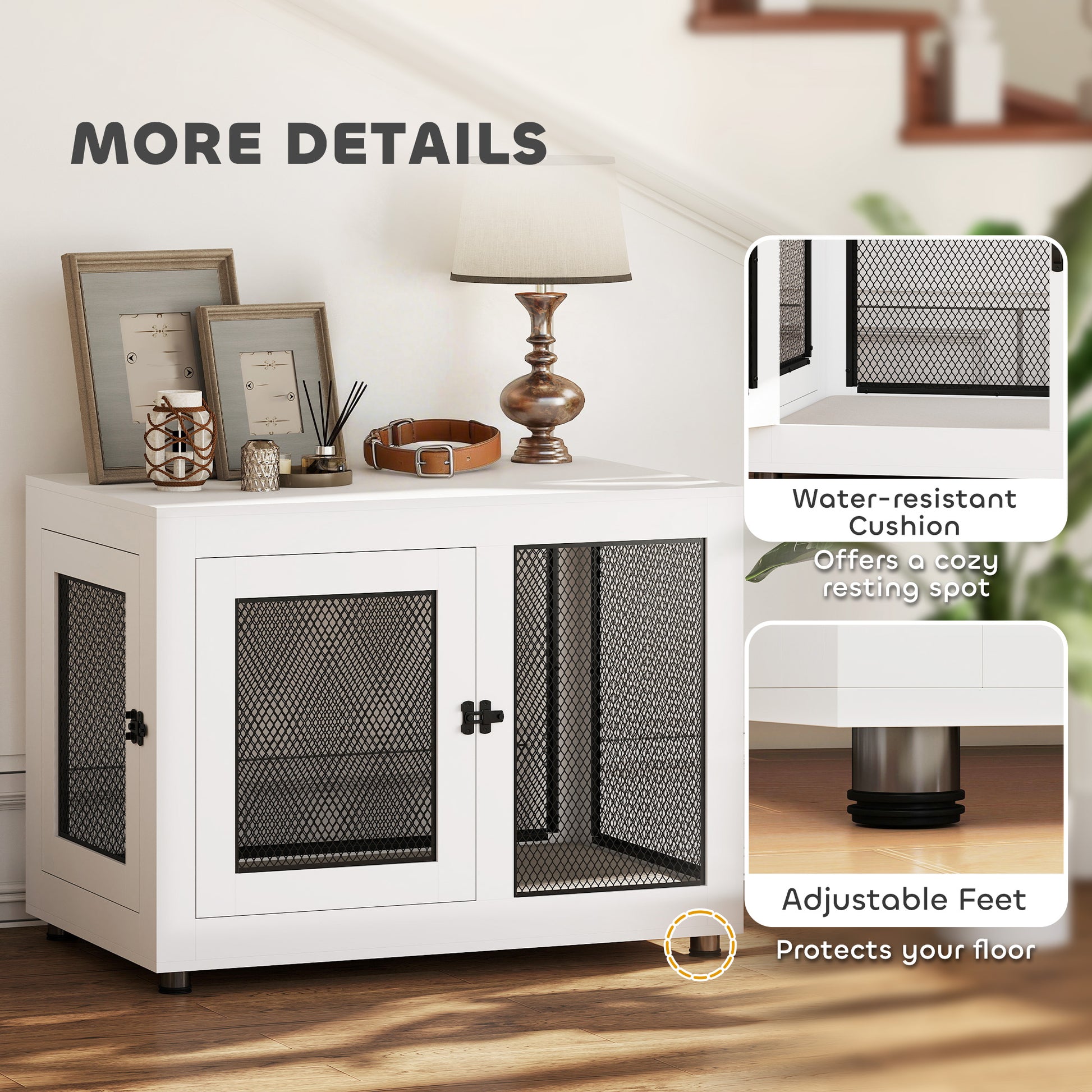 Pet Crate End Table with Water-resistant Cushion or Large Medium Dogs, White-Dogs-DECOROLALA