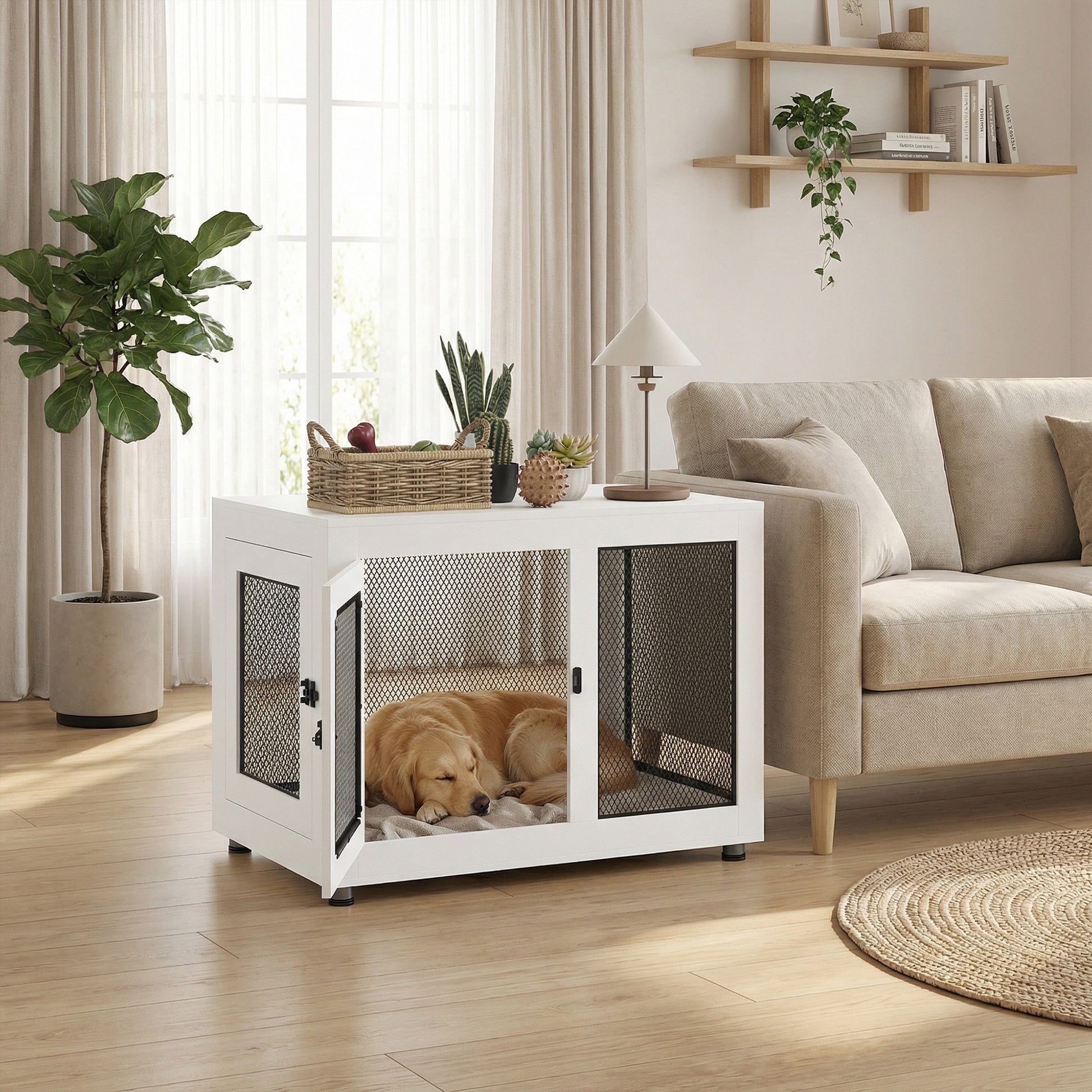 Pet Crate End Table with Water-resistant Cushion or Large Medium Dogs, White-Dogs-DECOROLALA