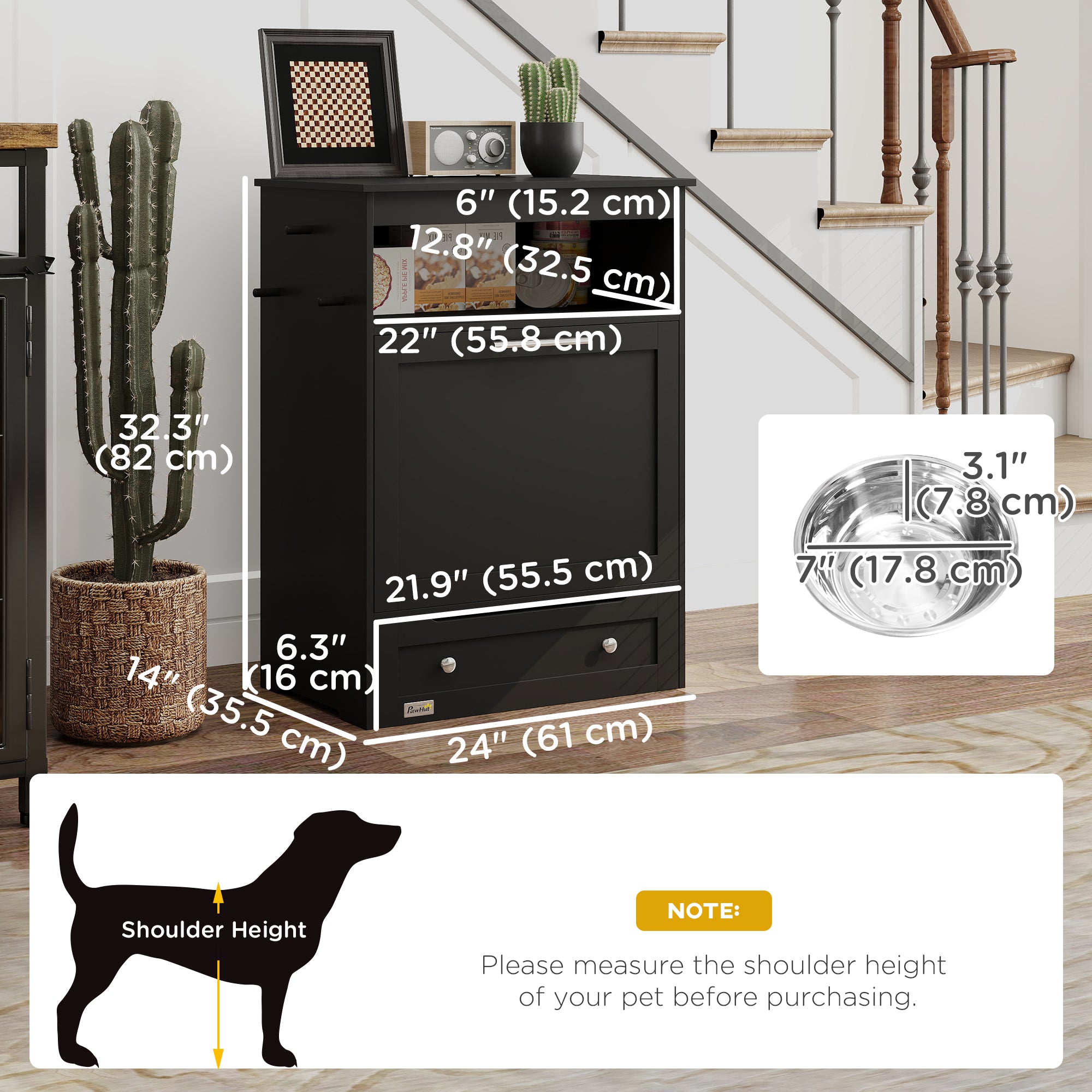 Pet Feeder Station Storage Cabinet, Dog Food Storage Container with Dog Raised Bowls, Watering Supplies, Black-Dogs-DECOROLALA
