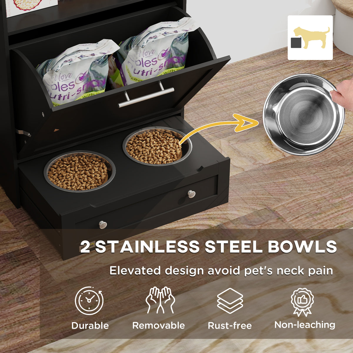 Pet Feeder Station Storage Cabinet with Raised Dog Bowls - Black-Dogs-DECOROLALA