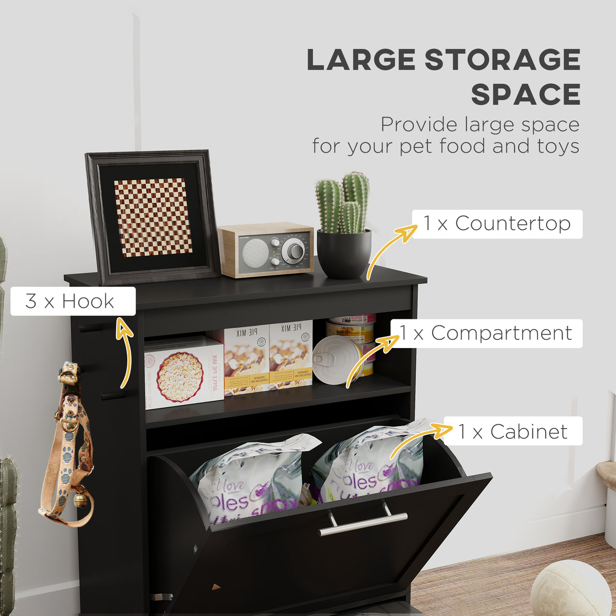 Pet Feeder Station Storage Cabinet with Raised Dog Bowls - Black-Dogs-DECOROLALA