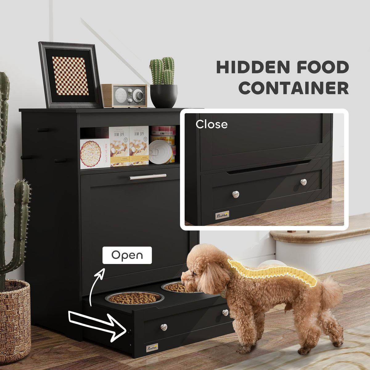Pet Feeder Station Storage Cabinet with Raised Dog Bowls - Black-Dogs-DECOROLALA