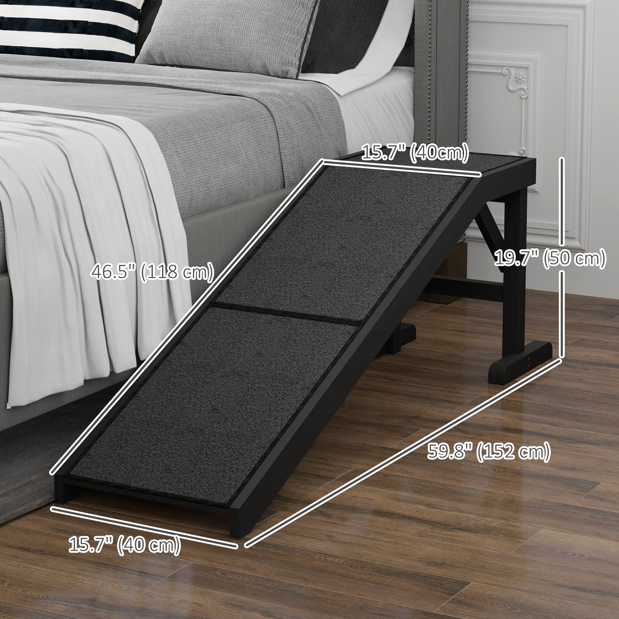 Pet Ramp Bed Steps for Dogs Cats Non-slip Carpet Top Platform Pine Wood 59"L x 16"W x 20"H Black-Dogs-DECOROLALA