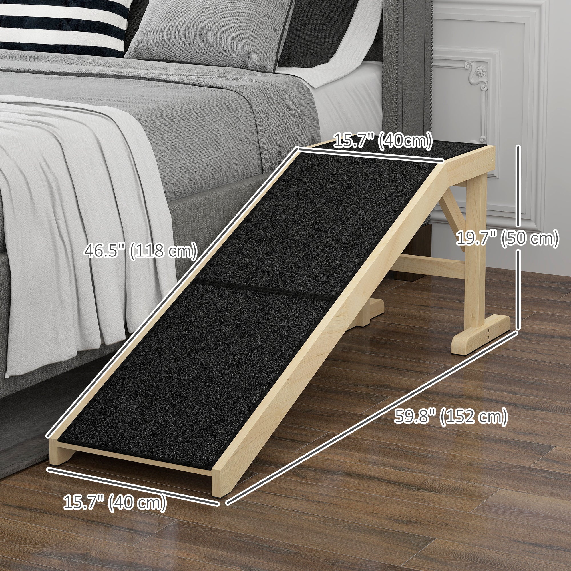 Pet Ramp Bed Steps for Dogs Cats Non-slip Carpet Top Platform Pine Wood 59"L x 16"W x 20"H Natural Wood-Dogs-DECOROLALA