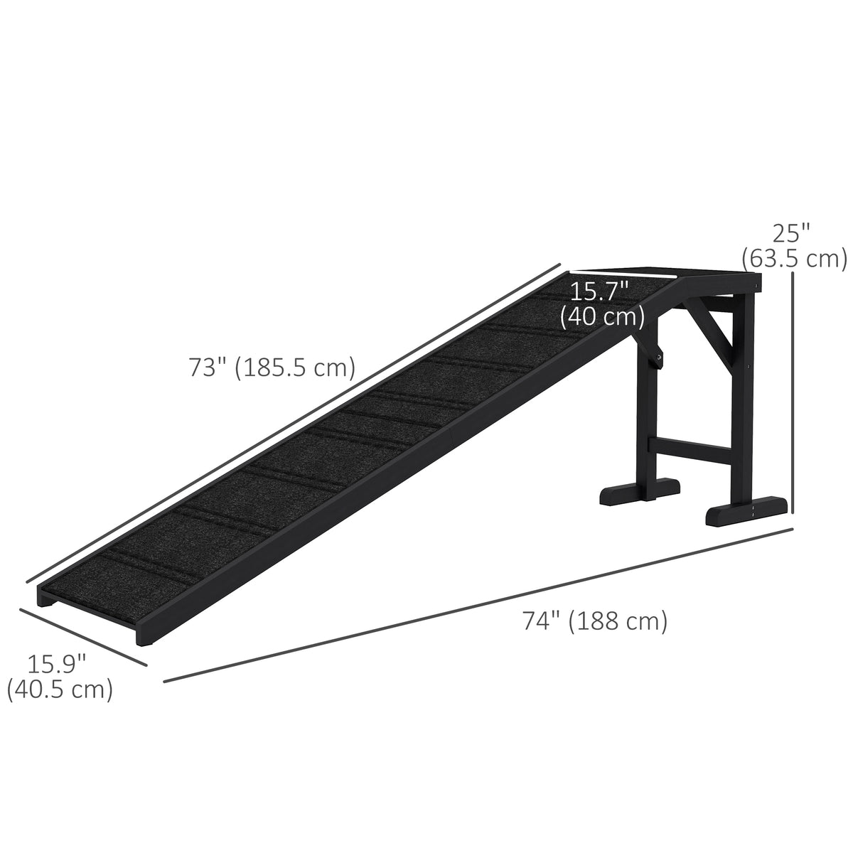 Pet Ramp with Non-slip Carpet - Pine Wood 74"L x 16"W x 25"H Black-Dogs-DECOROLALA