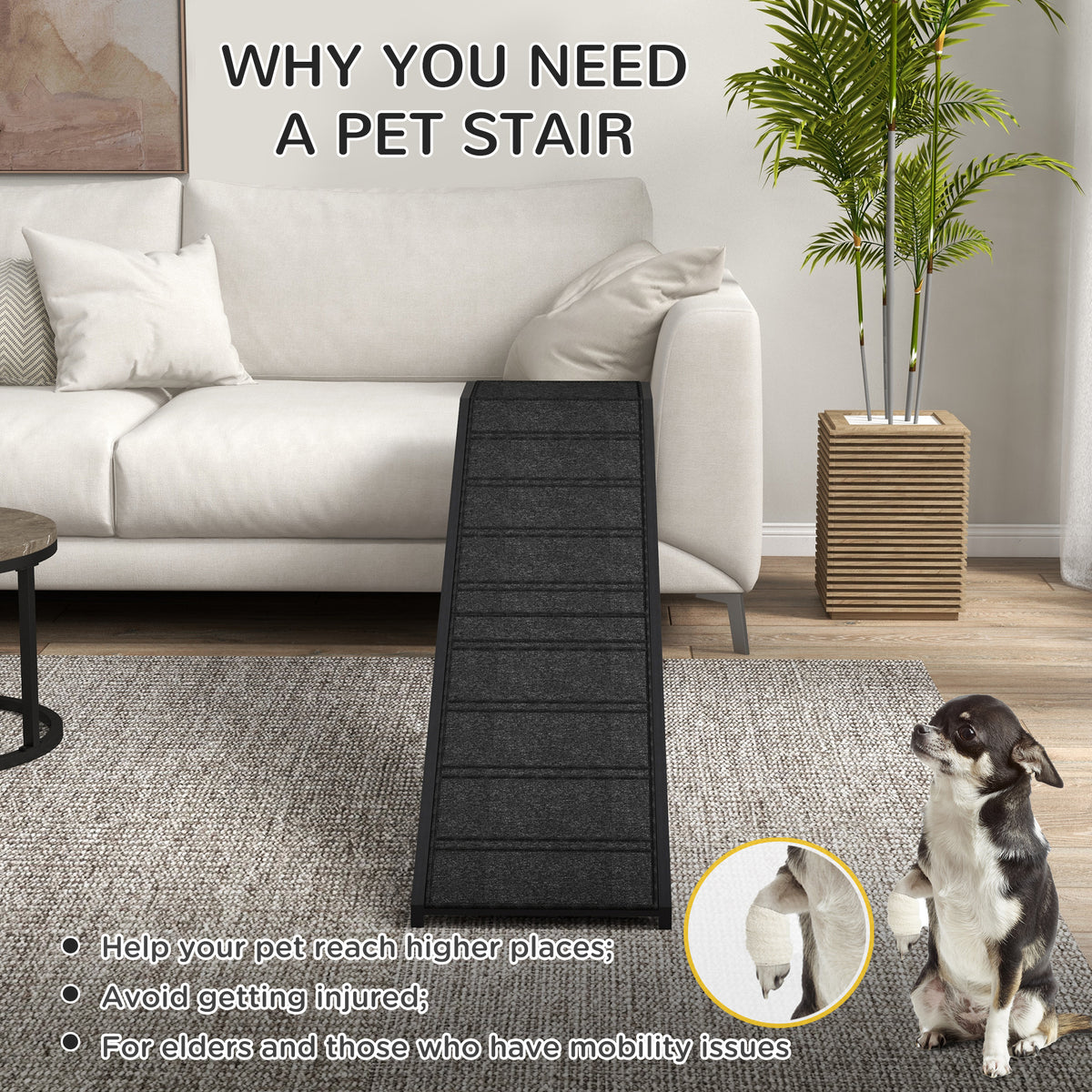 Pet Ramp with Non-slip Carpet - Pine Wood 74"L x 16"W x 25"H Black-Dogs-DECOROLALA
