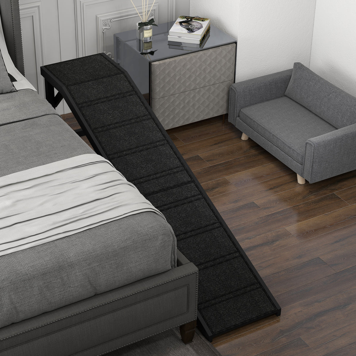 Pet Ramp with Non-slip Carpet - Pine Wood 74"L x 16"W x 25"H Black-Dogs-DECOROLALA