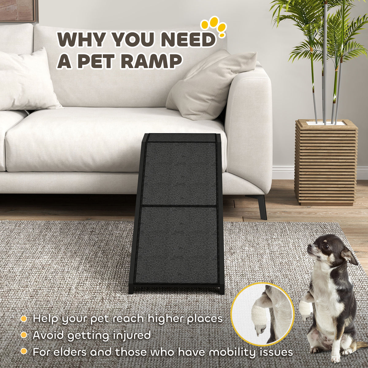 Pet Ramp with Platform - Pine Wood Dog Steps 60"L Black-Dogs-DECOROLALA